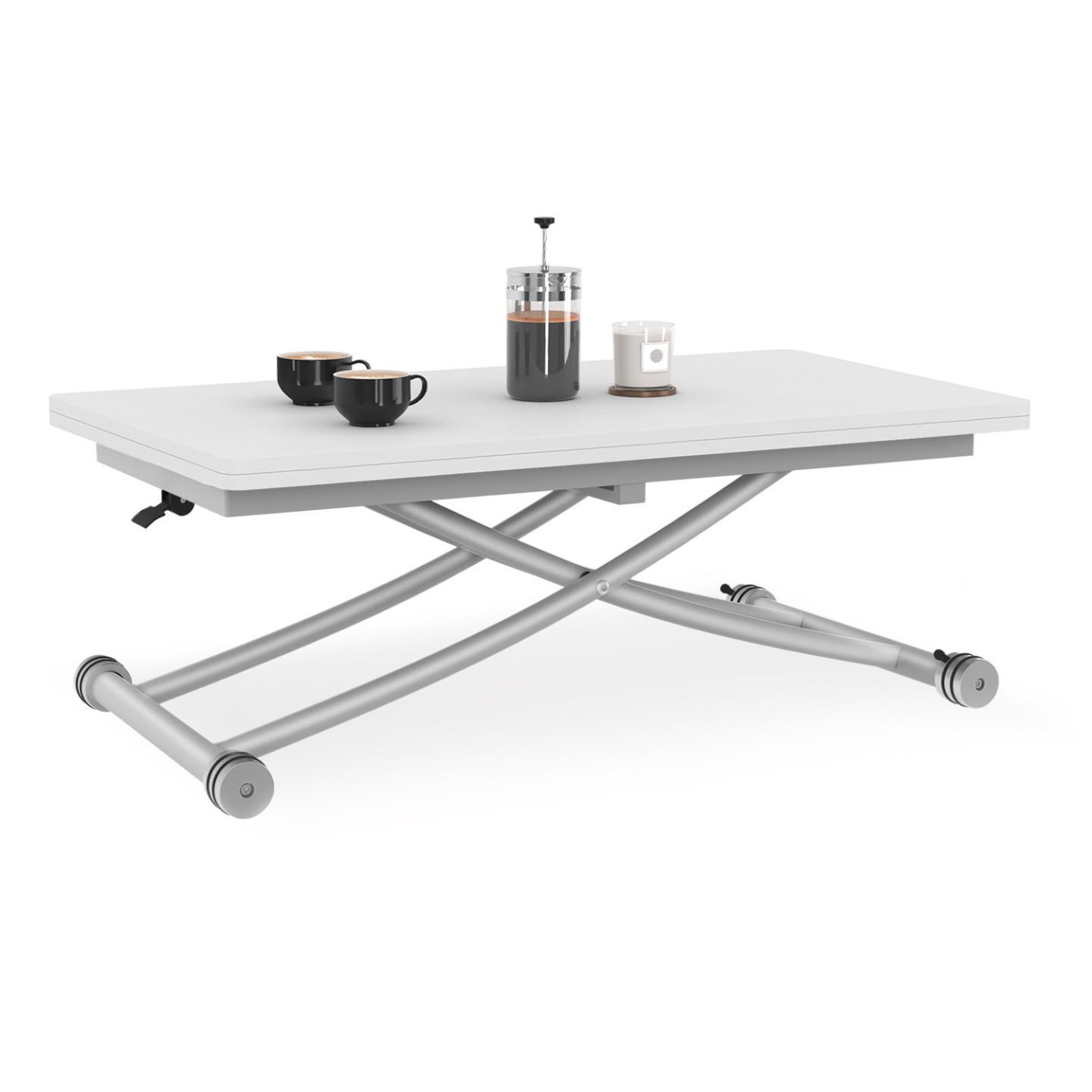 ID MARKET Table basse 2 en 1 relevable en table à manger rectangulaire urbana 100 cm blanc pied gris chromé