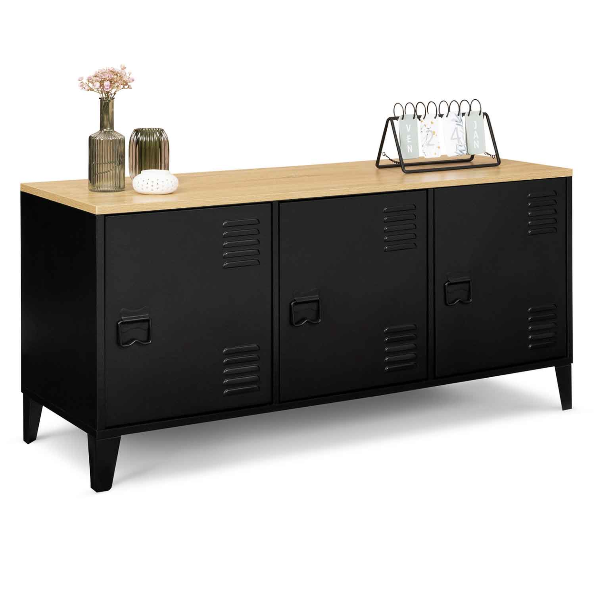 ID MARKET Buffet bas 113 cm ester 3 portes métal noir plateau bois design industriel