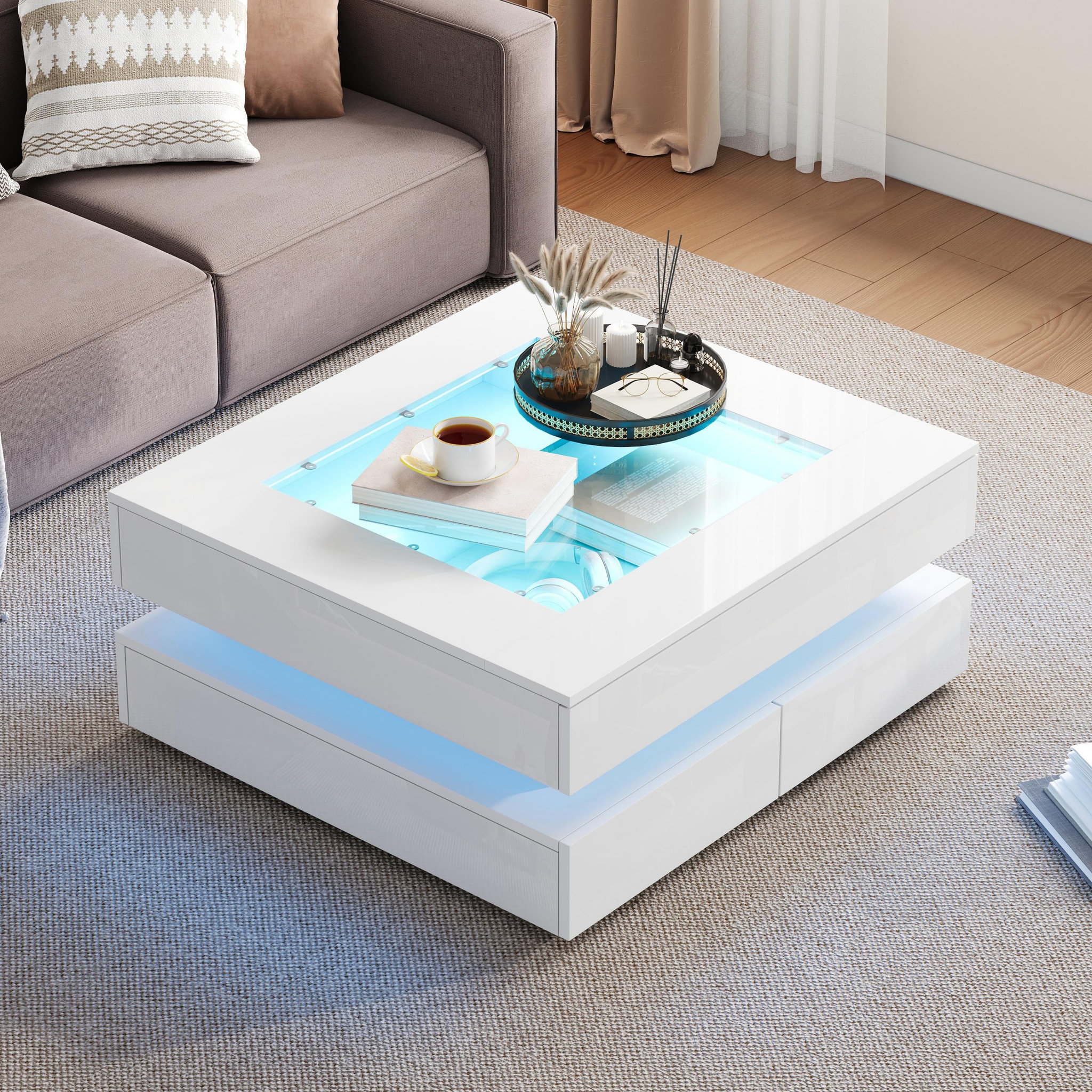 Voir la diapositive 4 : MERAX Table basse carrée blanc avec 3 tiroirs - 70x70 cm led panneau de particules