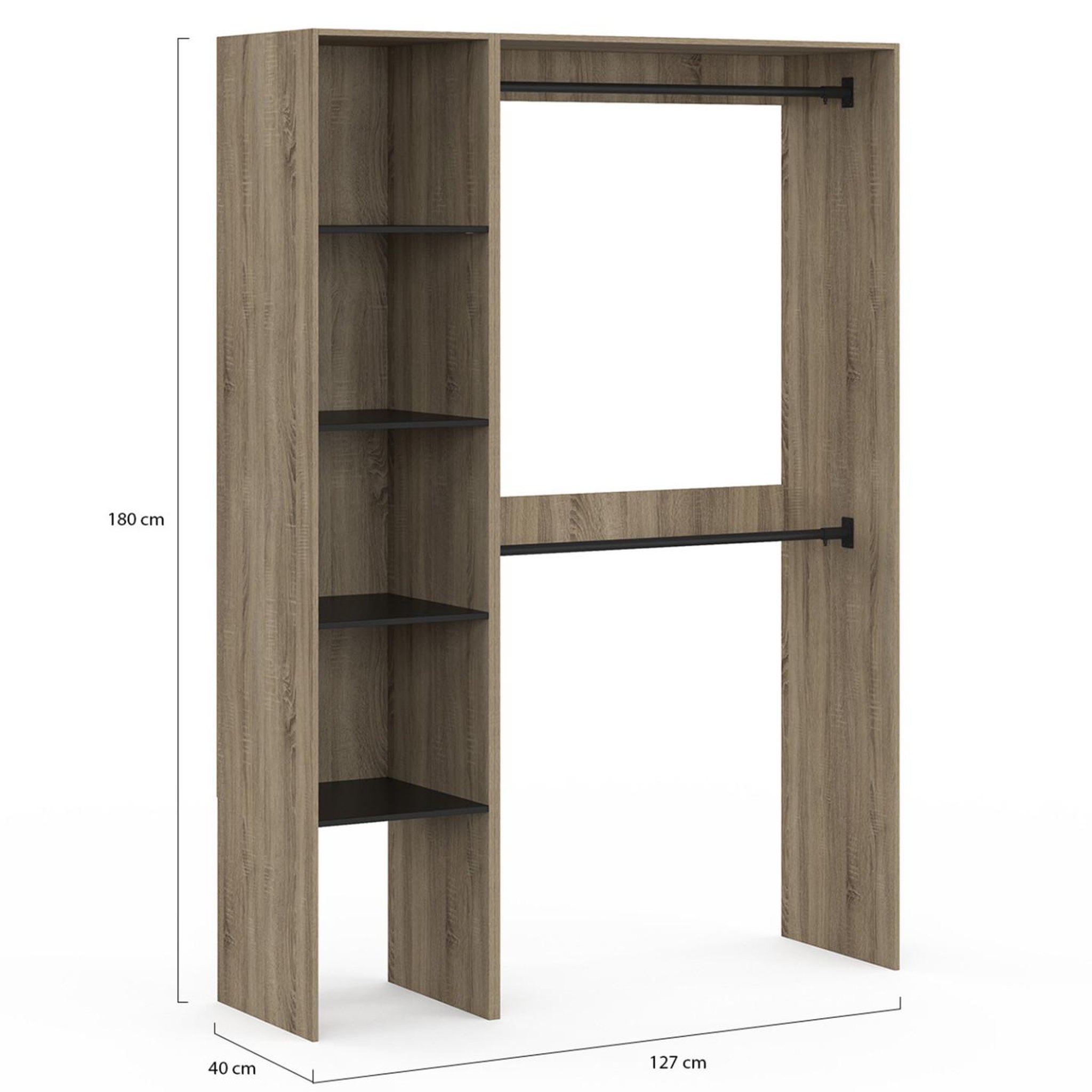 Voir la diapositive 5 : ID MARKET Dressing d'angle modulable l. 90 / 127 cm melman double penderie + étagères bois et noir