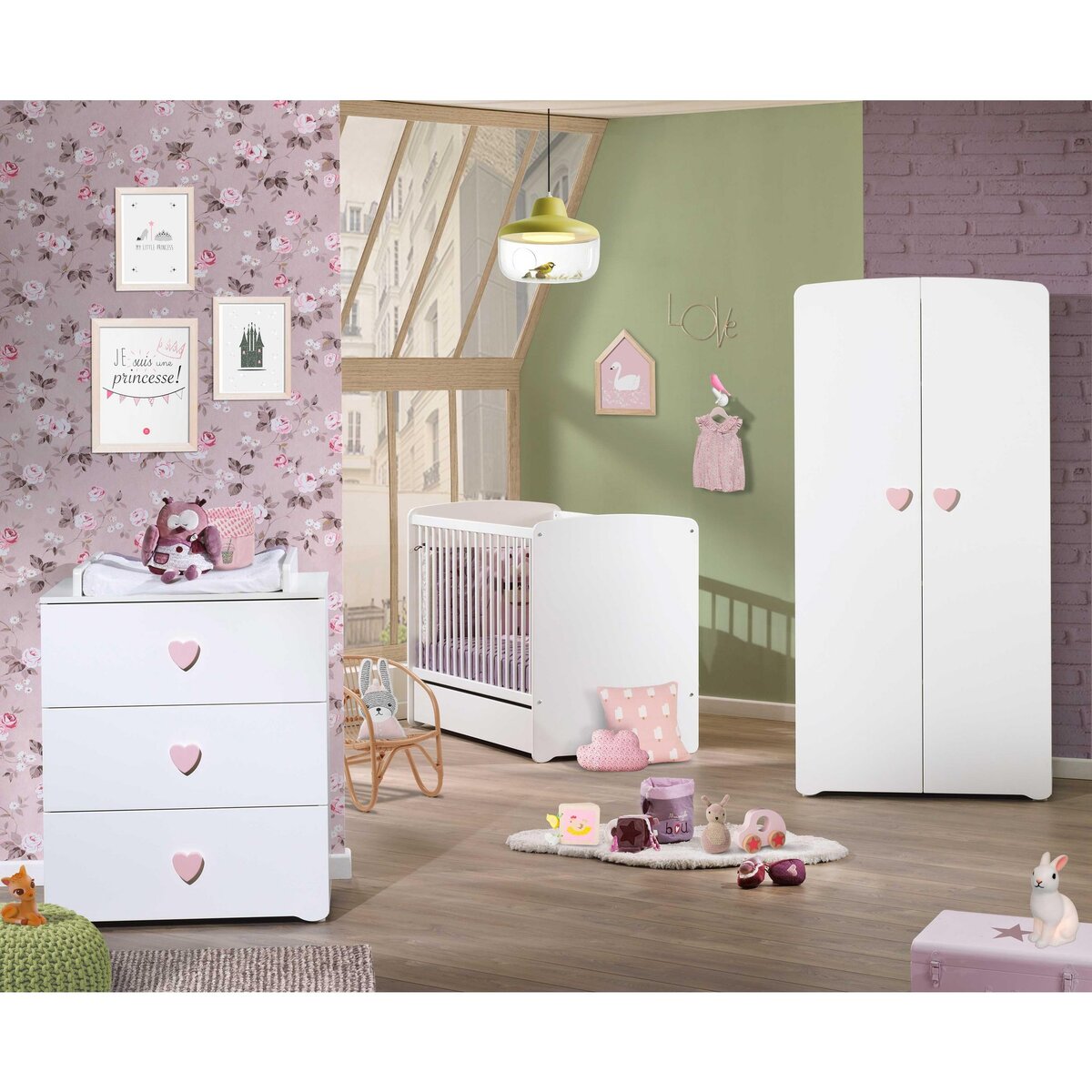 BABY PRICE Commode à langer 3 tiroirs NEW BASIC Boutons C&oelig;ur Rose