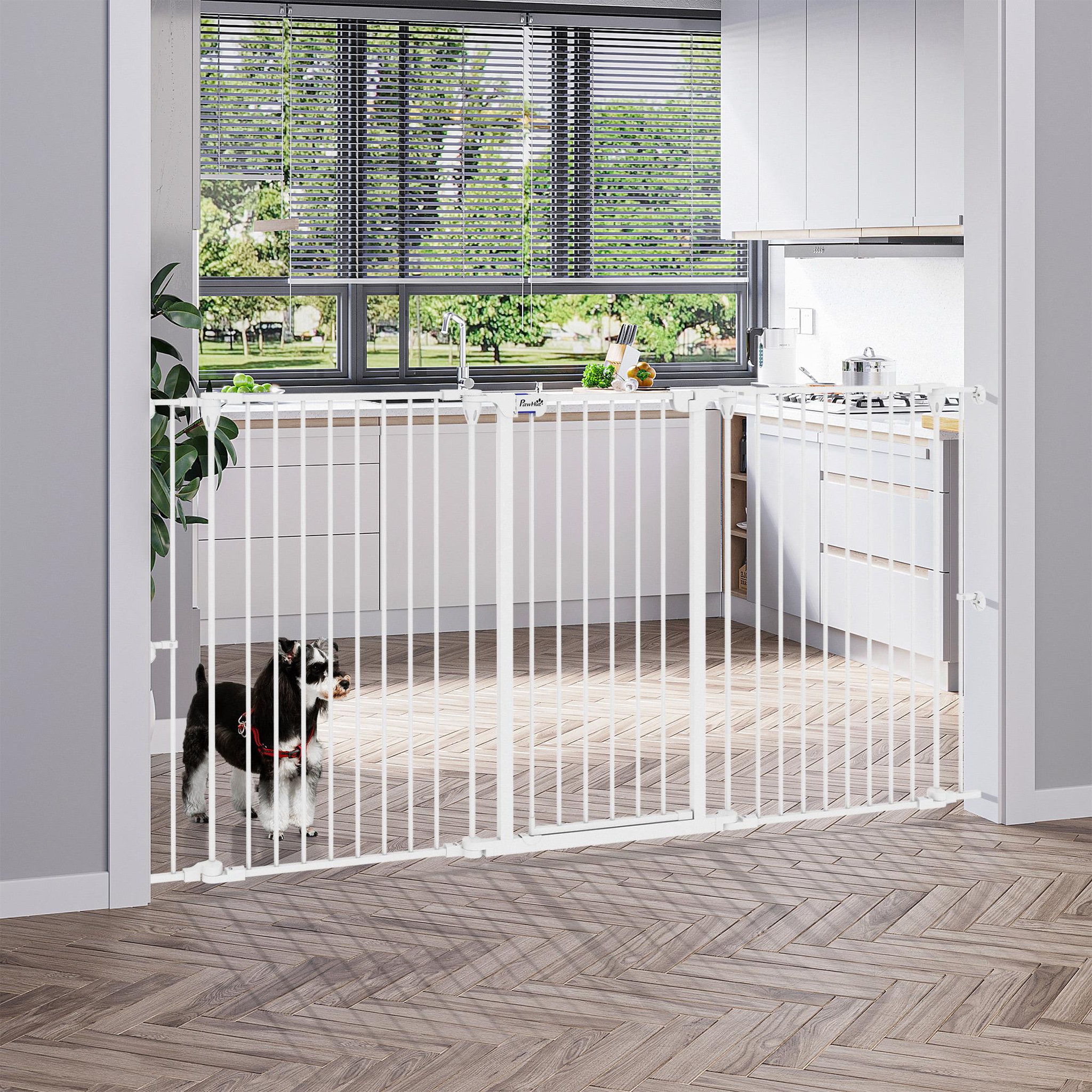 Voir la diapositive 2 : PAWHUT Barrière de sécurité pliable pour chien - 3 panneaux, porte verrouillable - dim. 206L x 90H cm - acier PP blanc