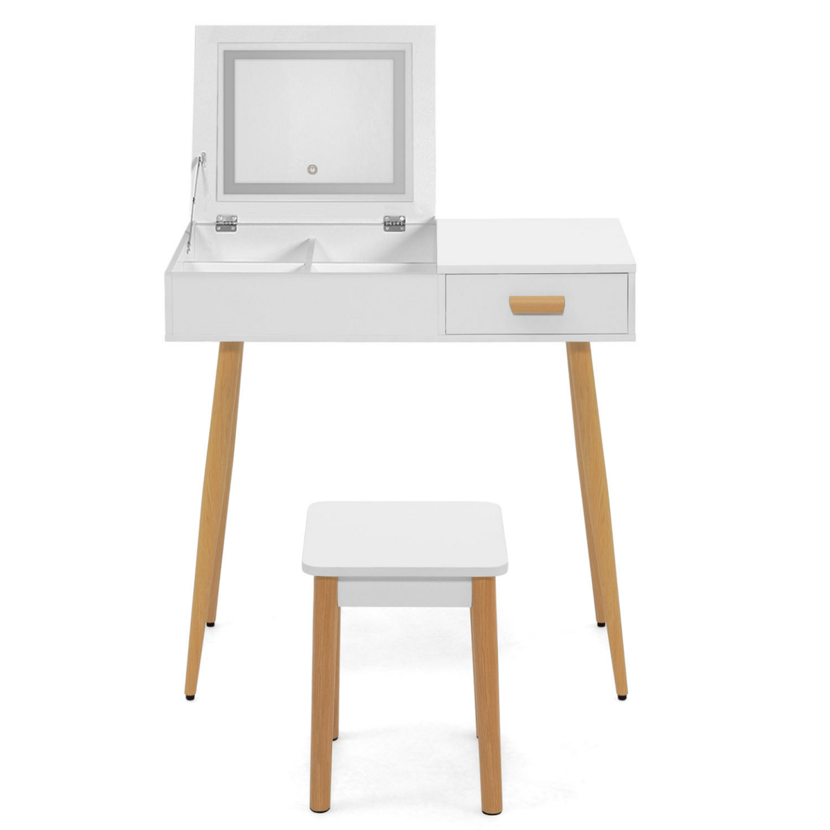 ID MARKET Coiffeuse scandinave LISA blanche miroir rabattable LED et tabouret