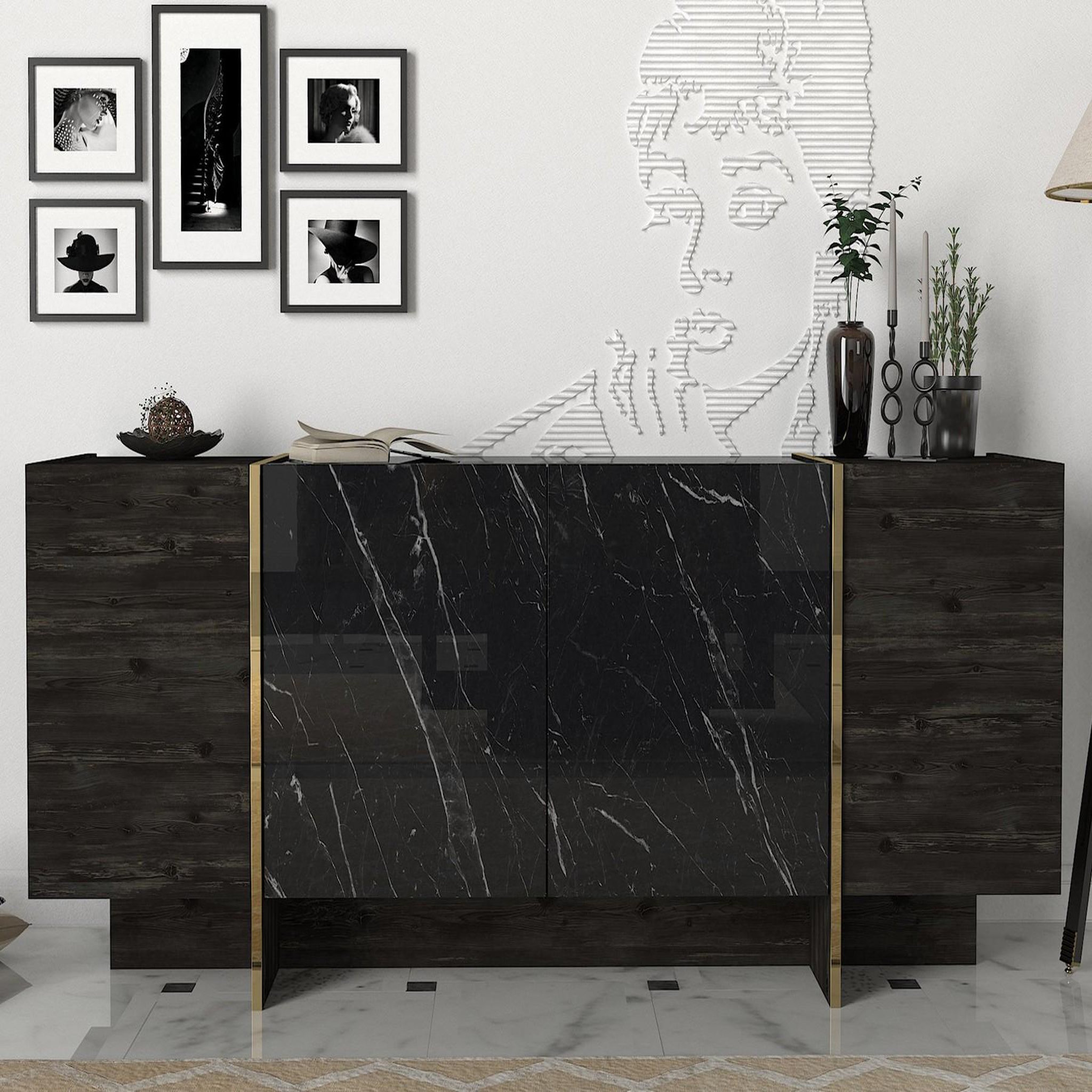 Voir la diapositive 3 : Habitat et Jardin Buffet en bois  veyron  - 180 x 46 x 75 cm - noir or