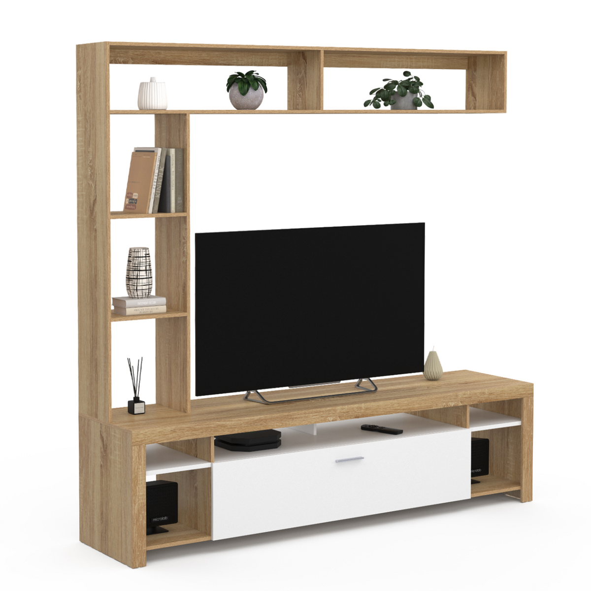 ID MARKET Ensemble meuble TV et étagères 170 cm MALO bois et placard blanc