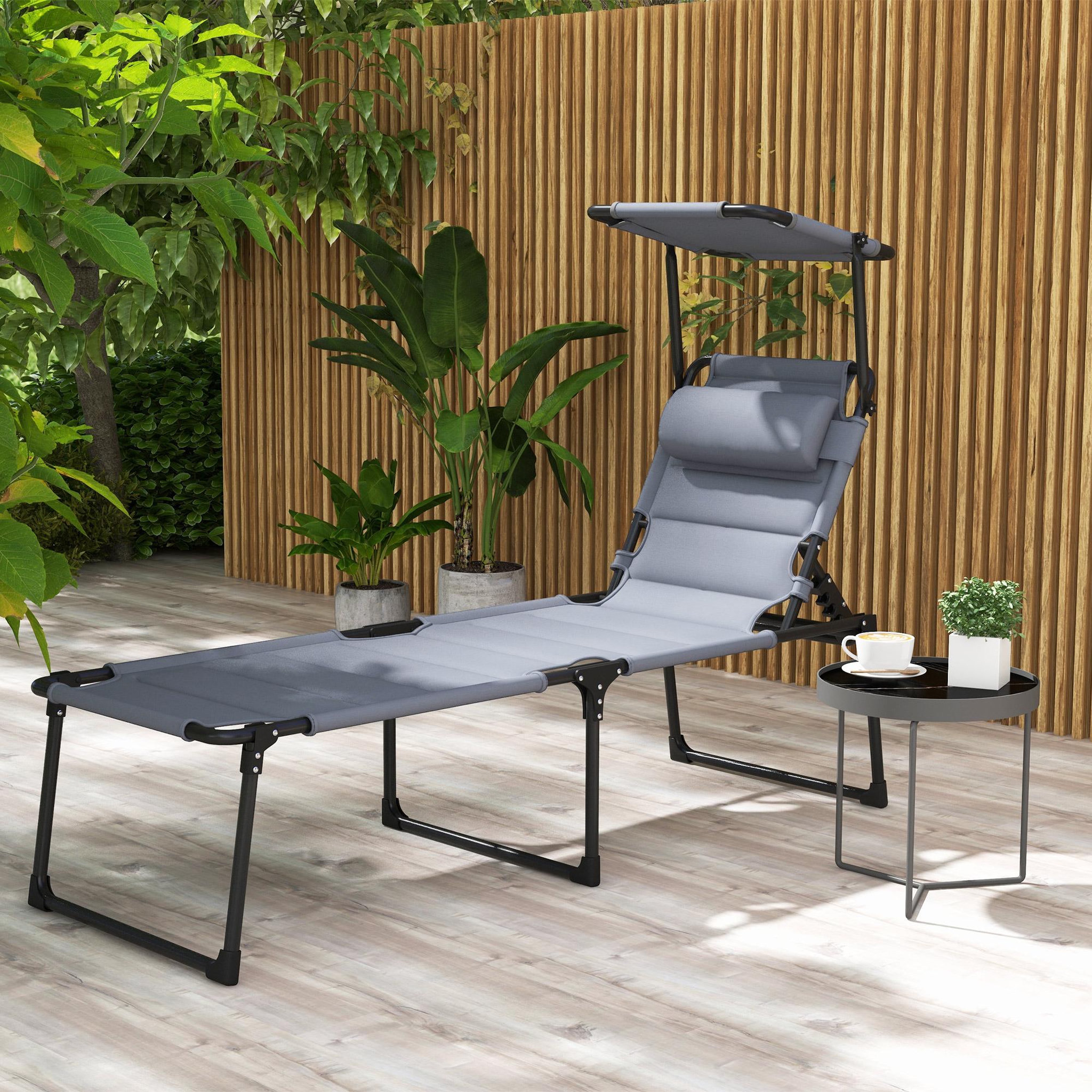 Voir la diapositive 2 : OUTSUNNY Bain de soleil transat inclinable pliable matelassé - pare-soleil, tétière - métal époxy noir tissu gris