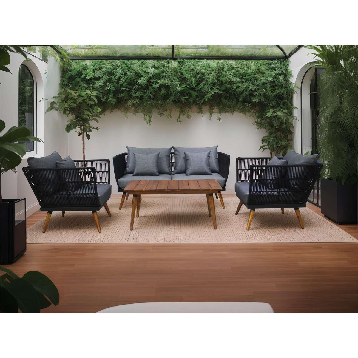 BEST MOBILIER Tiago - salon bas de jardin 4 places + table - corde et bois - noir et coussins gris
