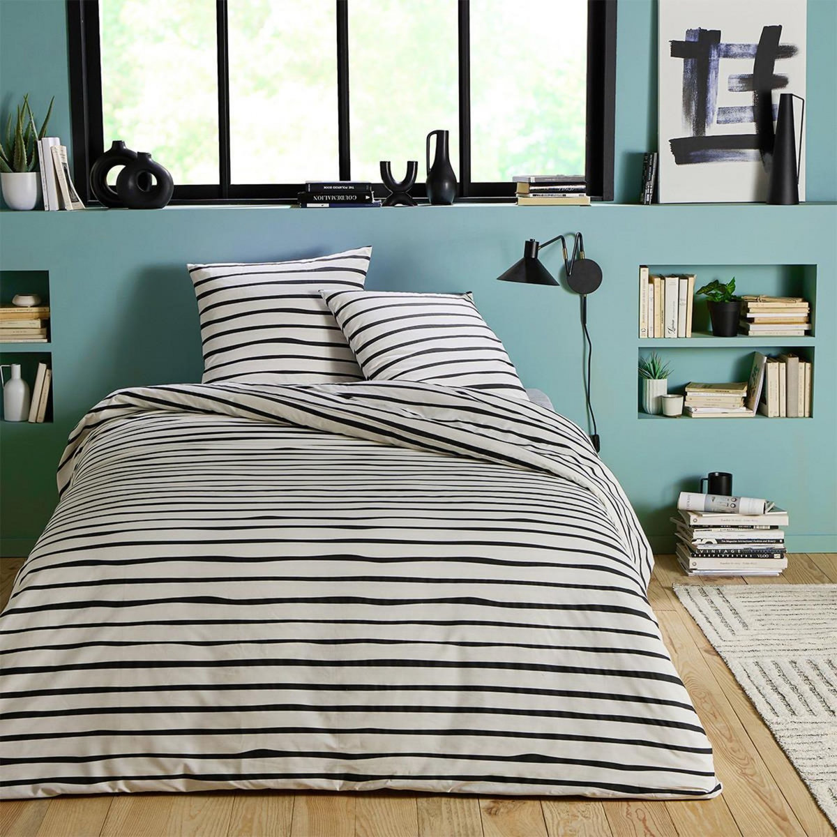 FUTURE HOME Parure de lit 2 personnes à rayures en polycoton
