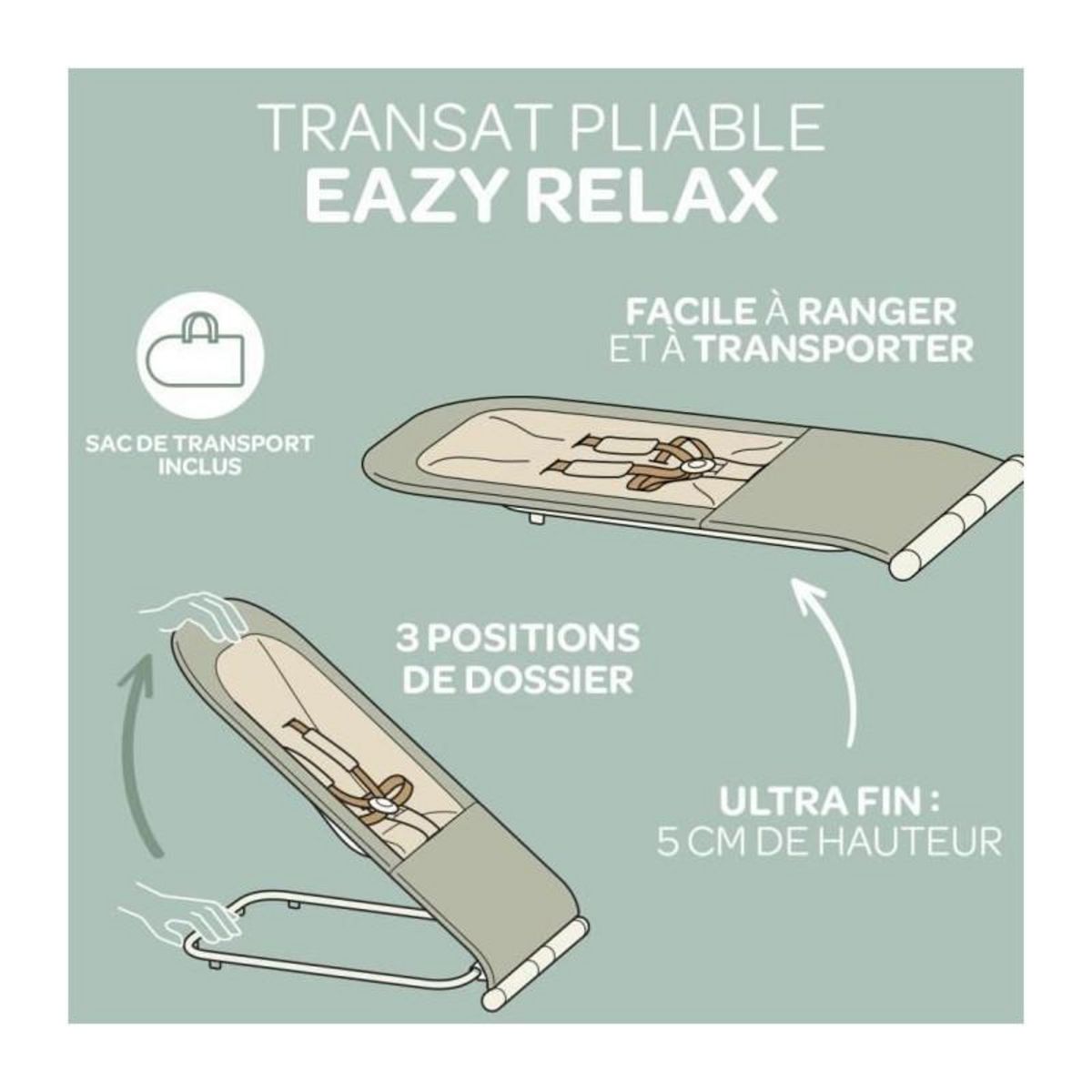 BEABA BÉABA, Transat Pliable, 3 inclinaisons en 1 Bouton, Ultra Compact et Fin, Eazy Relax - Lichen