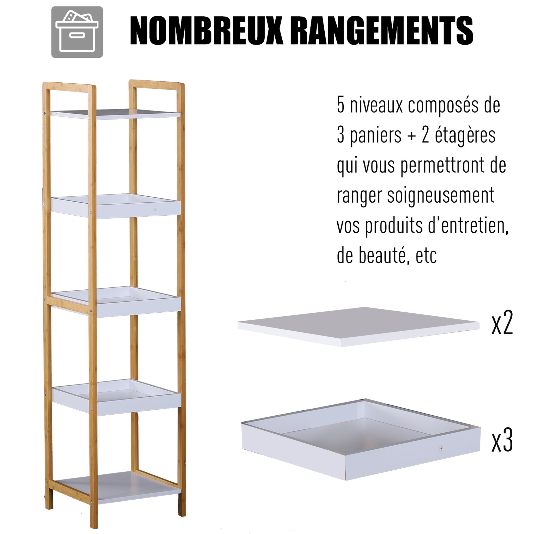 Voir la diapositive 4 : HOMCOM Etagère en bambou de salle de bain étagère debout 3 paniers + 2 étagères dim. 32L x 30l x 130H cm beige blanc