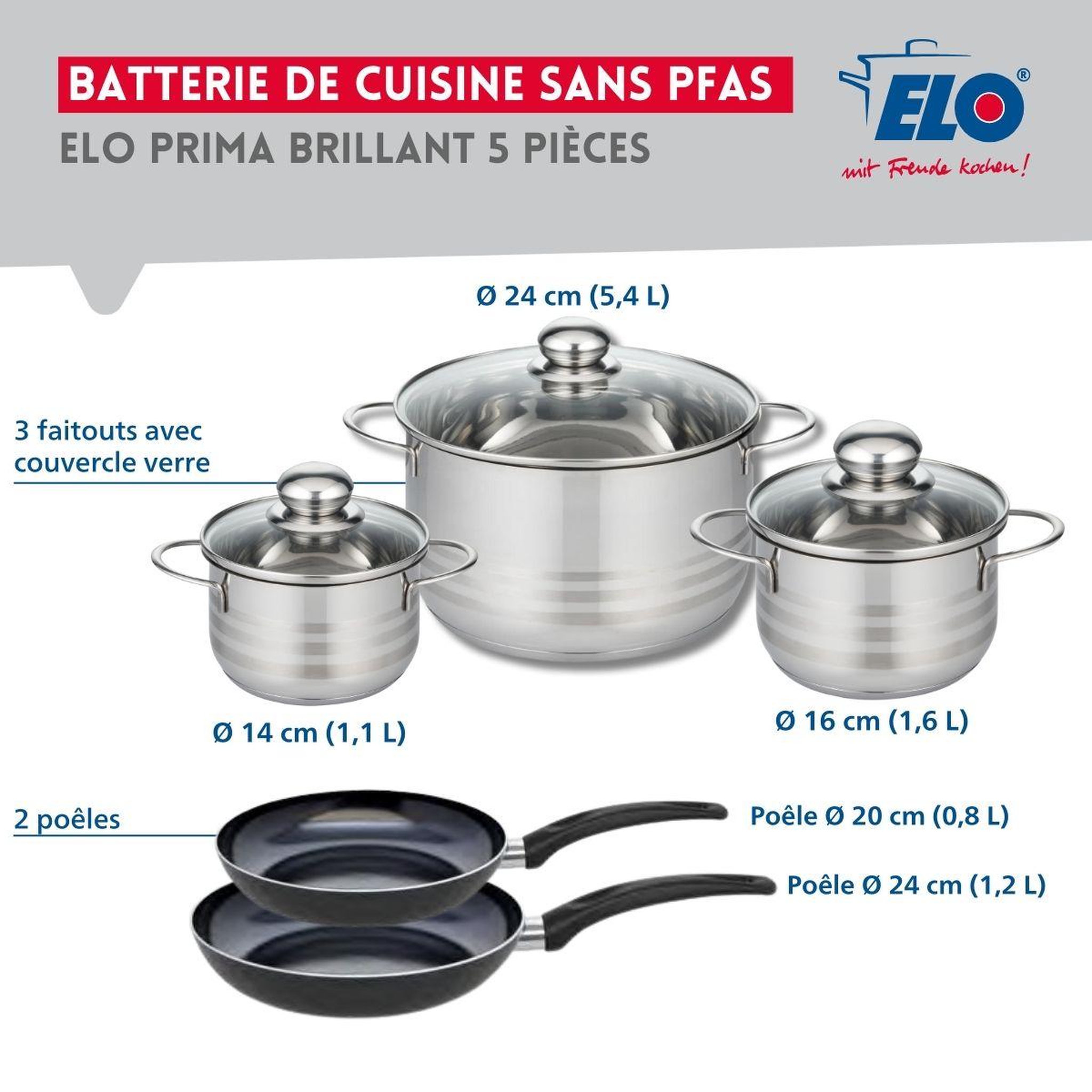 Voir la diapositive 2 : ELO Ensemble de 2 poêles de cuisson 20 et 24 cm et 3 faitouts 14, 16 et 24 cm elo prima brillant