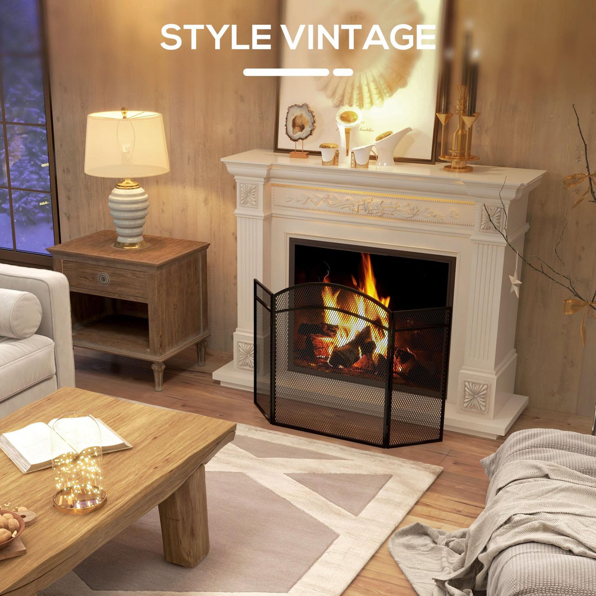 HOMCOM Pare-feu cheminée pliable 3 panneaux métal maille losange noir