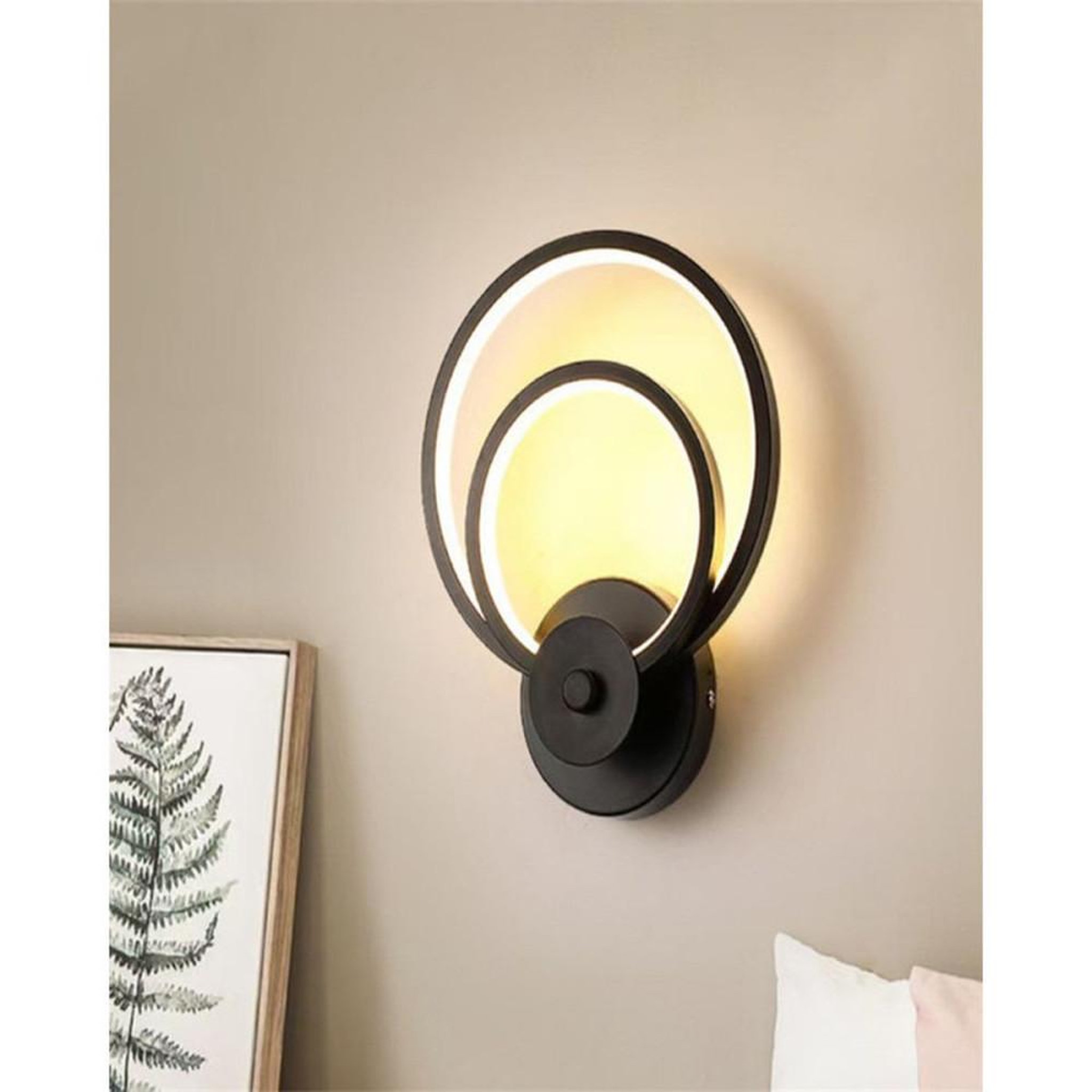Voir la diapositive 4 : Applique murale LED double anneau noir mat 18 W dimmable, diffuseur acrylique, IP44, 20 x 25 cm