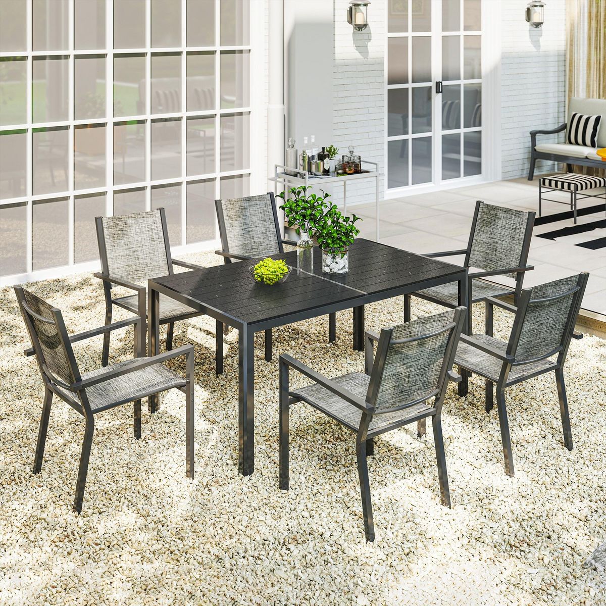 OUTSUNNY Ensemble salon de jardin 6 places 7 pièces - chaises empilables, plateau à lattes effet bois acier textilène noir chiné