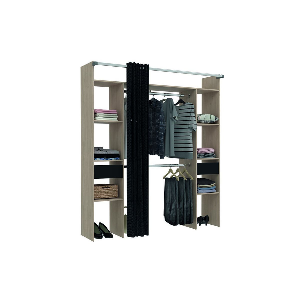 CONCEPT USINE Dressing bois avec rideau noir et 2 penderies, 6 étagères et 2 tiroirs ELYSEE