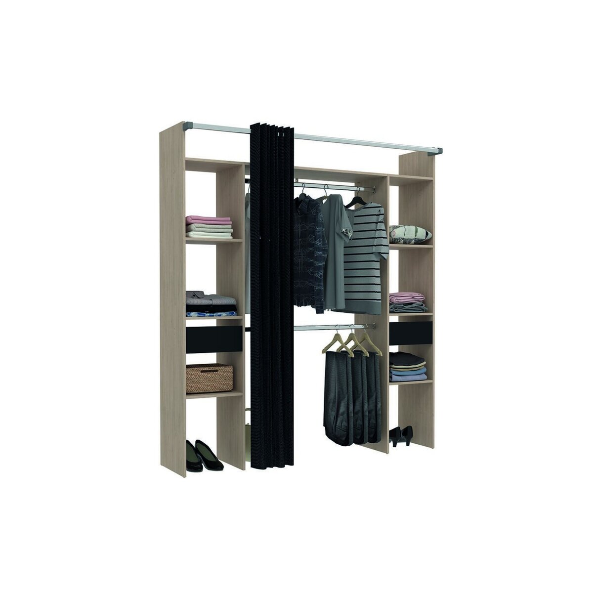 CONCEPT USINE Dressing bois avec rideau noir et 2 penderies, 6 étagères et 2 tiroirs ELYSEE