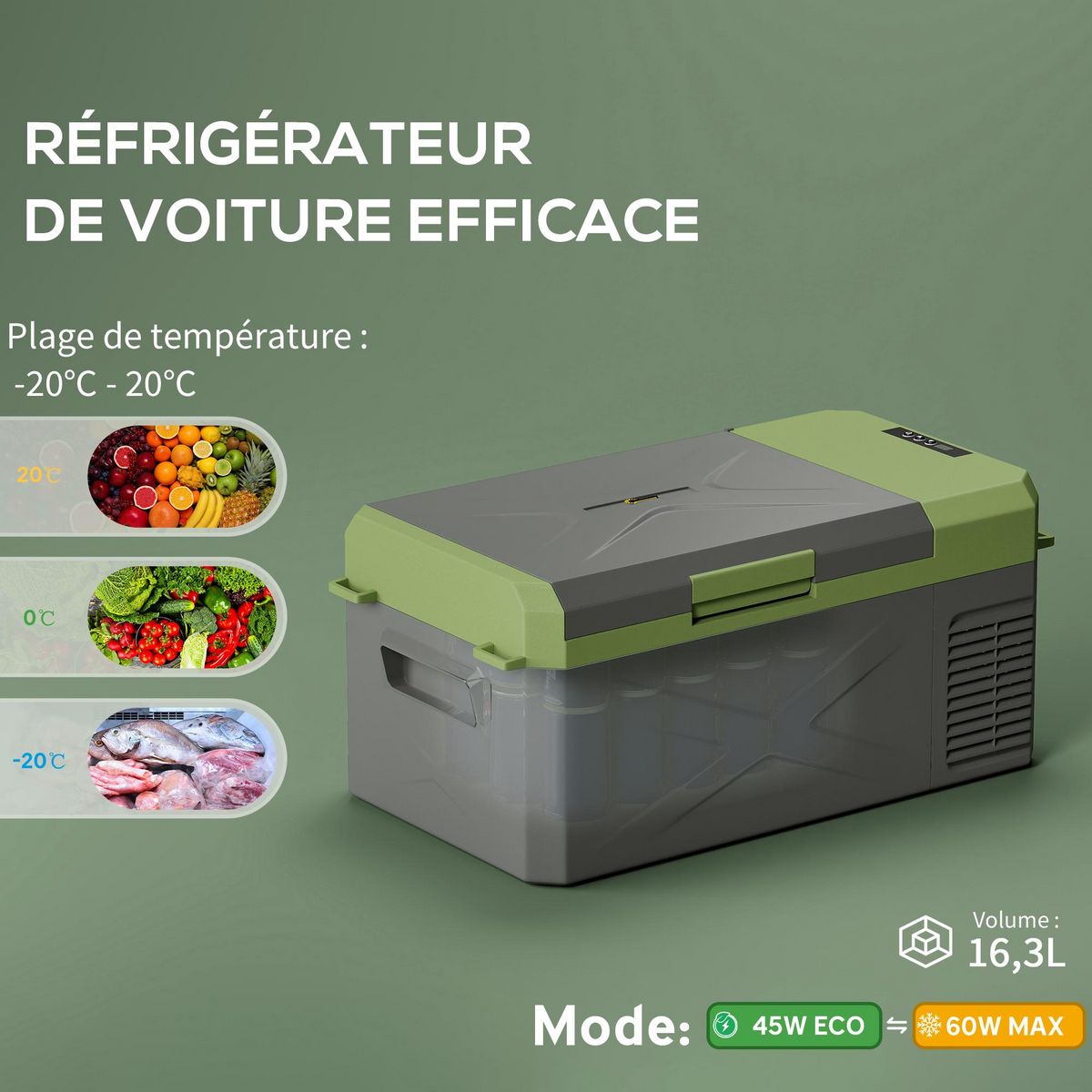 OUTSUNNY Glacière électrique voiture à compression 16,3L - réfrigérateur voiture congélateur 12/24V 60W max 2 modes gris vert