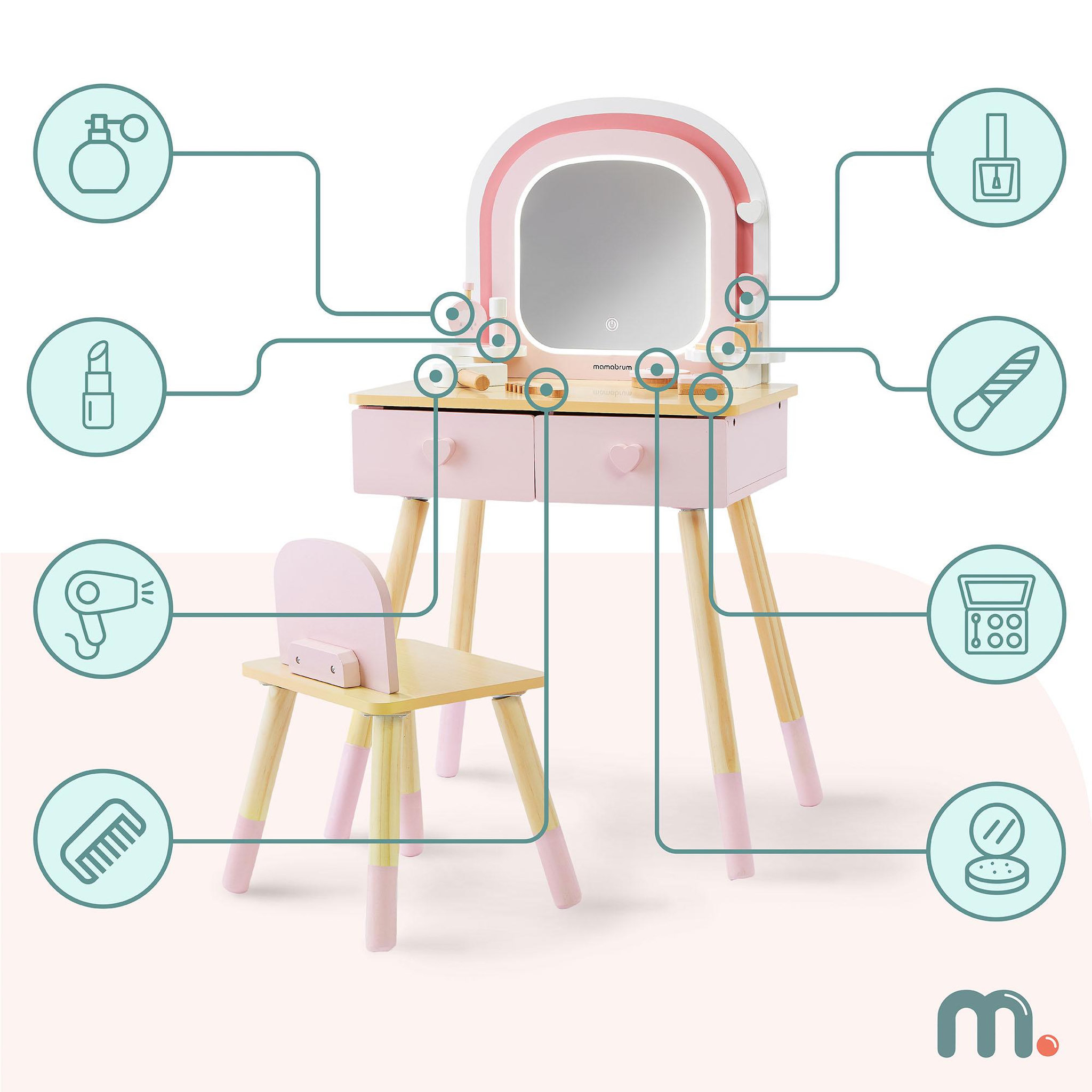 Voir la diapositive 2 : MAMABRUM Coiffeuse Bois Enfant Mamabrum Miroir LED Tactile Chaise Accessoires 3 Ans+