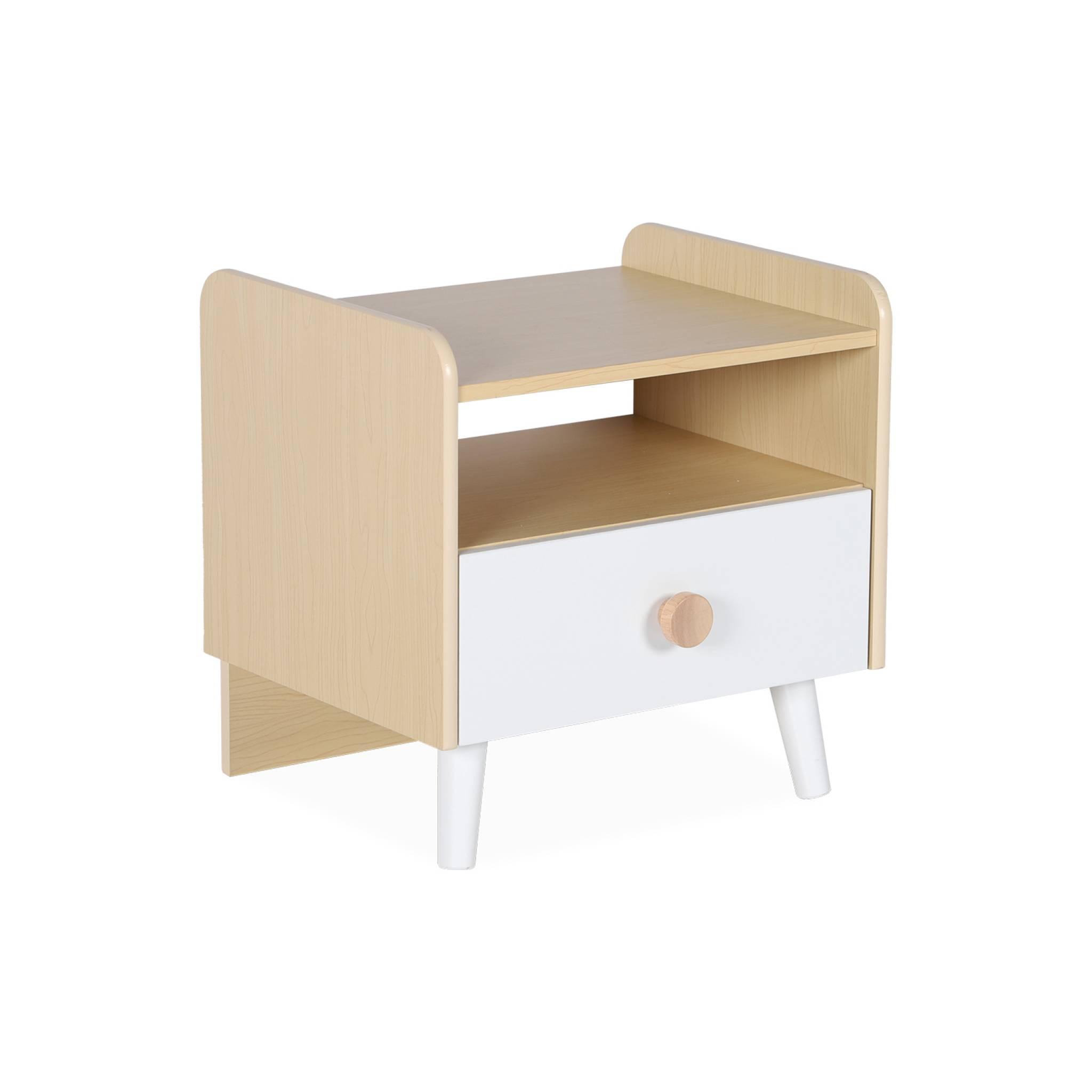 Voir la diapositive 1 : SWEEEK Table de chevet enfant effet bois. blanc. 1 tiroir
