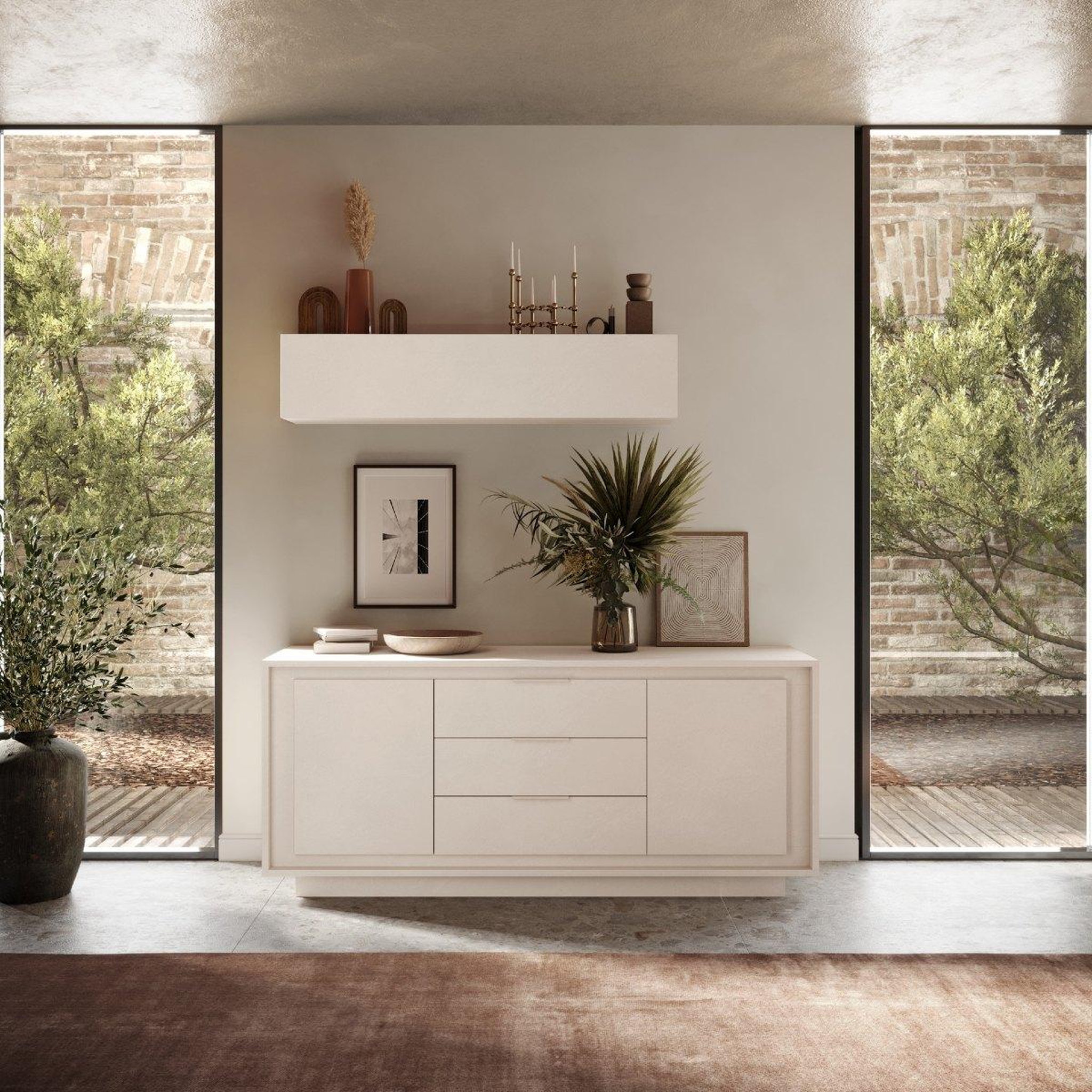 Voir la diapositive 2 : JLC KREATION Buffet bas design beige 2 portes-3 tiroirs 180cm yori