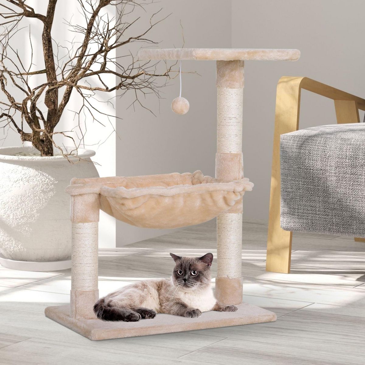 PAWHUT Arbre à chat 3 griffoirs grattoirs sisal naturel plateforme hamac et boule suspendue dim. 50L x 36l x 70H cm peluche haute densité 220 g/m² beige