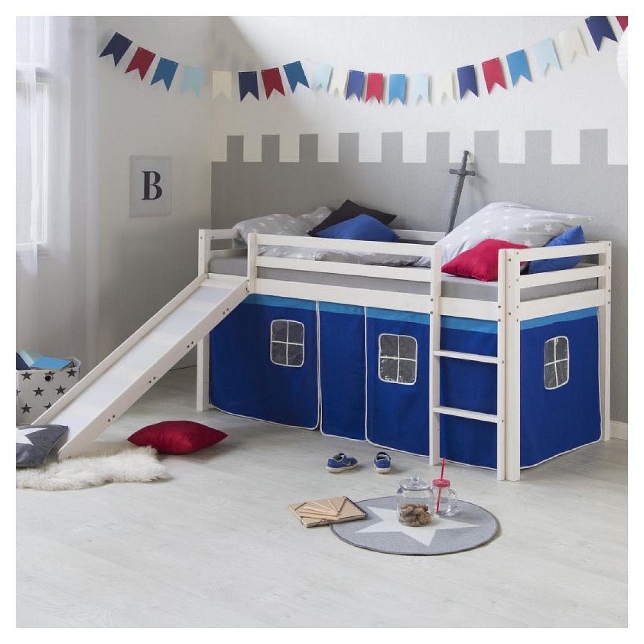 Voir la diapositive 3 : HomeStyle4U Lit mi-hauteur avec rideaux et toboggan bleu