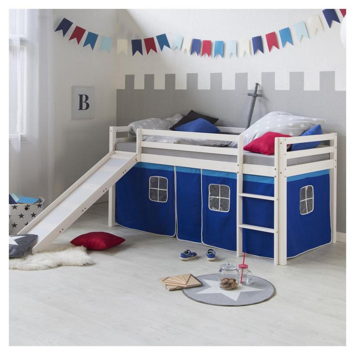 HomeStyle4U Lit mi-hauteur avec rideaux et toboggan bleu