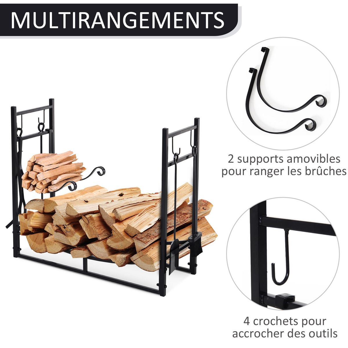 OUTSUNNY Serviteur de cheminée - porte bûches - range bûches multi accessoires étagère bûche et petit bois métal noir