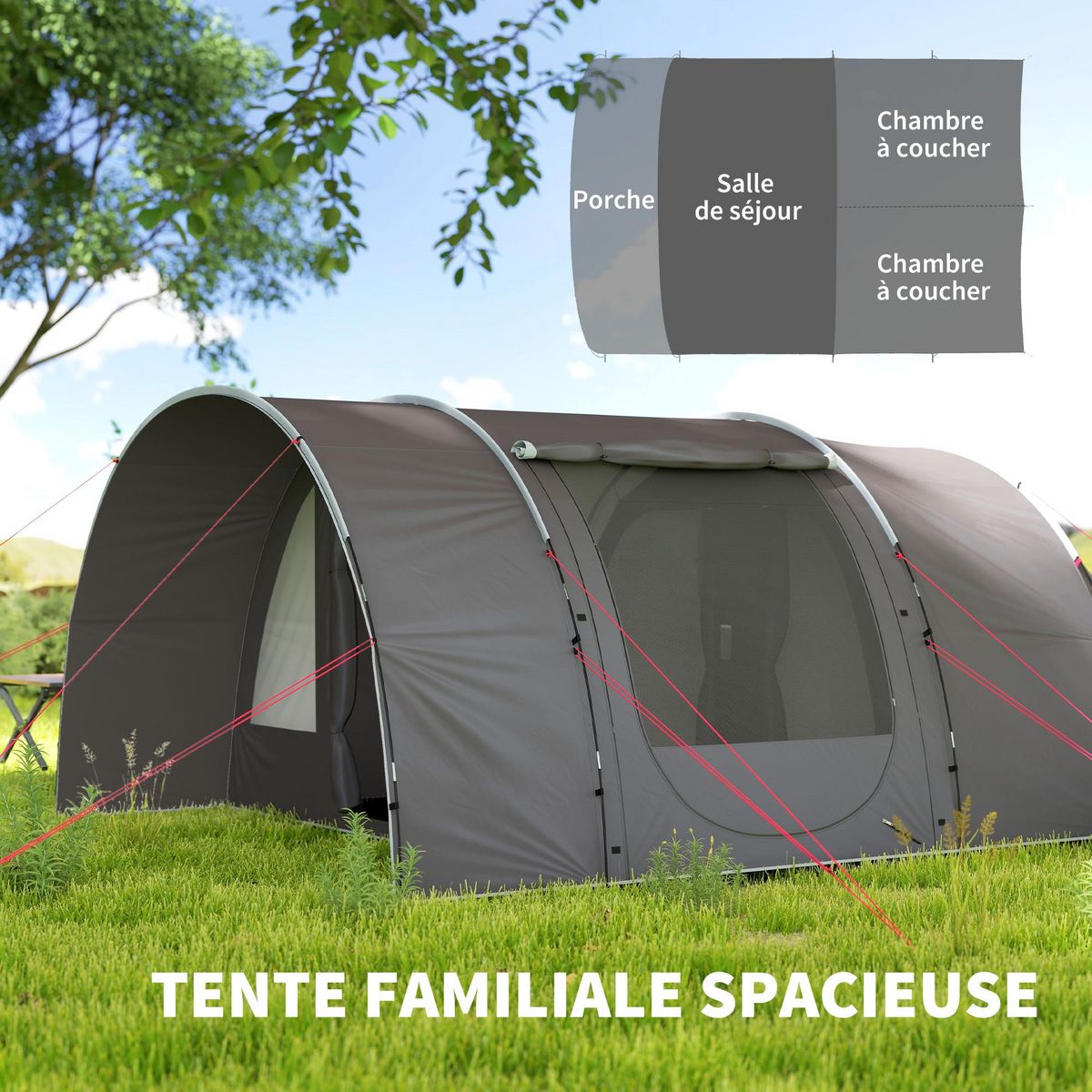 OUTSUNNY Tente camping 6 places - tente tunnel familiale - imperméabilité 5000mm - dim. 4,6 x 3,2 x 1,9 m - sac inclus - gris