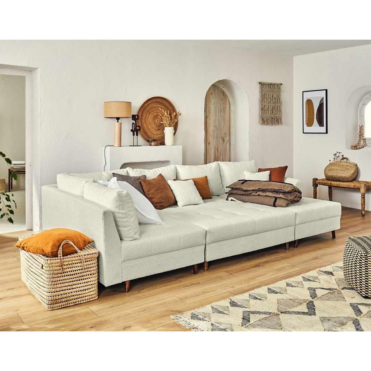 LISA DESIGN Rune - canapé panoramique d'angle gauche - 7 places - avec pouf d'appoint - en tissu bouclette