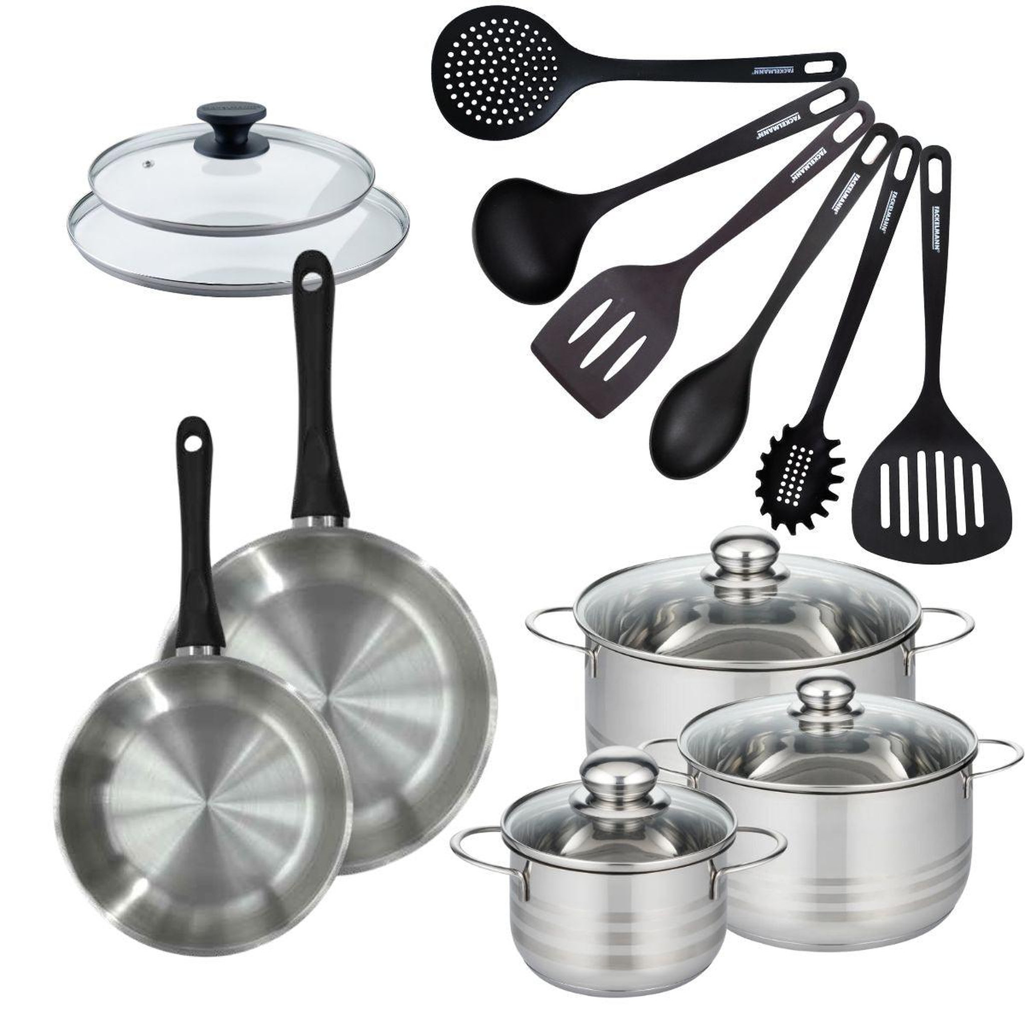 Fackelmann Batterie de cuisine 2 poêles 20/24 cm et couvercle, 3 faitouts 16/20/24 cm et 6 ustensiles fackelmann geneva