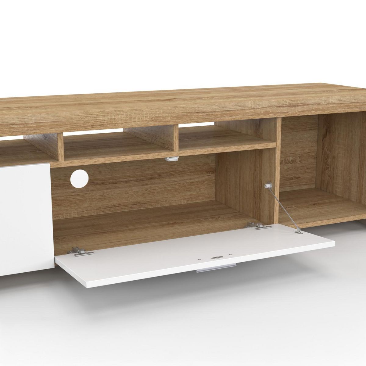 ID MARKET Meuble TV  180 cm MALO  bois et placards blancs