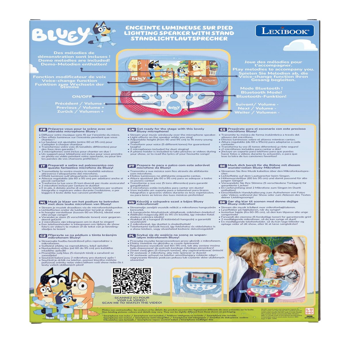 Lexibook Microphone Bluey sur pied ajustable lumineux avec enceinte, 2 Micros et Effets vocaux, Enceinte Bluetooth