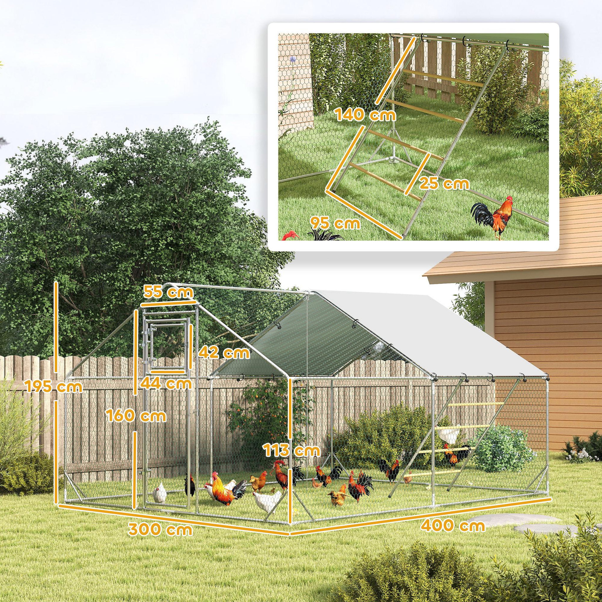 Voir la diapositive 3 : PAWHUT Enclos poulailler 12 m² espace couvert - perchoir, mangeoire à suspendre, porte, bâche - 4 x 3 x 1,95 m - acier gris