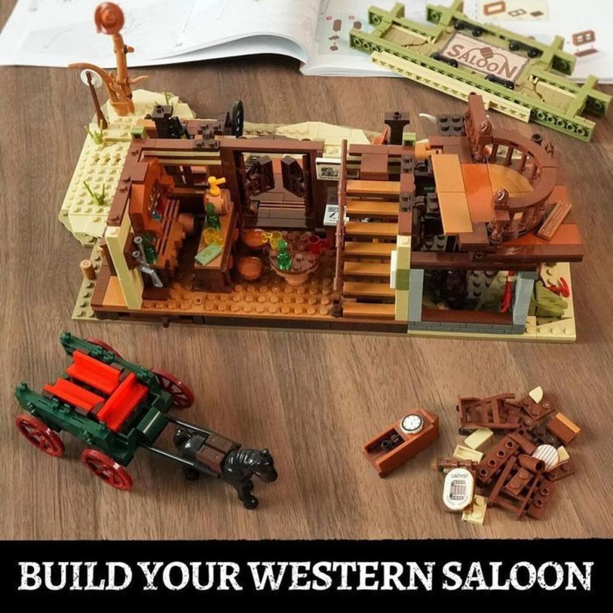 Voir la diapositive 4 : Jeu de construction Saloon Western avec LEDs intégrées, 1727 pièces, plastique ABS, modèle multi-niveaux pour 12 ans et plus