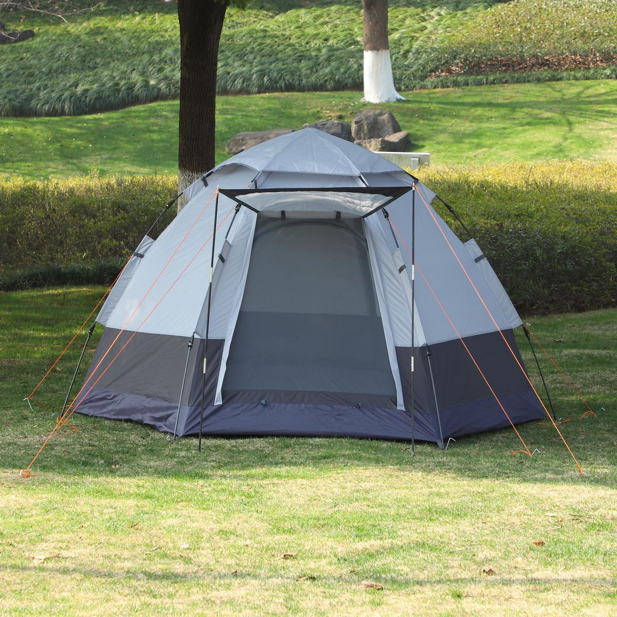 OUTSUNNY Tente pop up montage instantané - tente de camping 3-4 pers.  - 2 grandes portes - dim. 2,6L x 2,6l x 1,5H m fibre verre polyester oxford noir gris