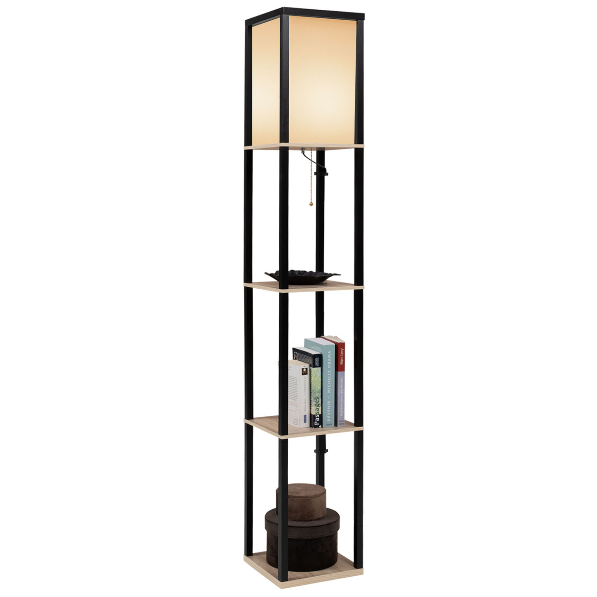 ID MARKET Lampadaire industriel en bois noir avec étagères en bois clair et abat-jour carré blanc