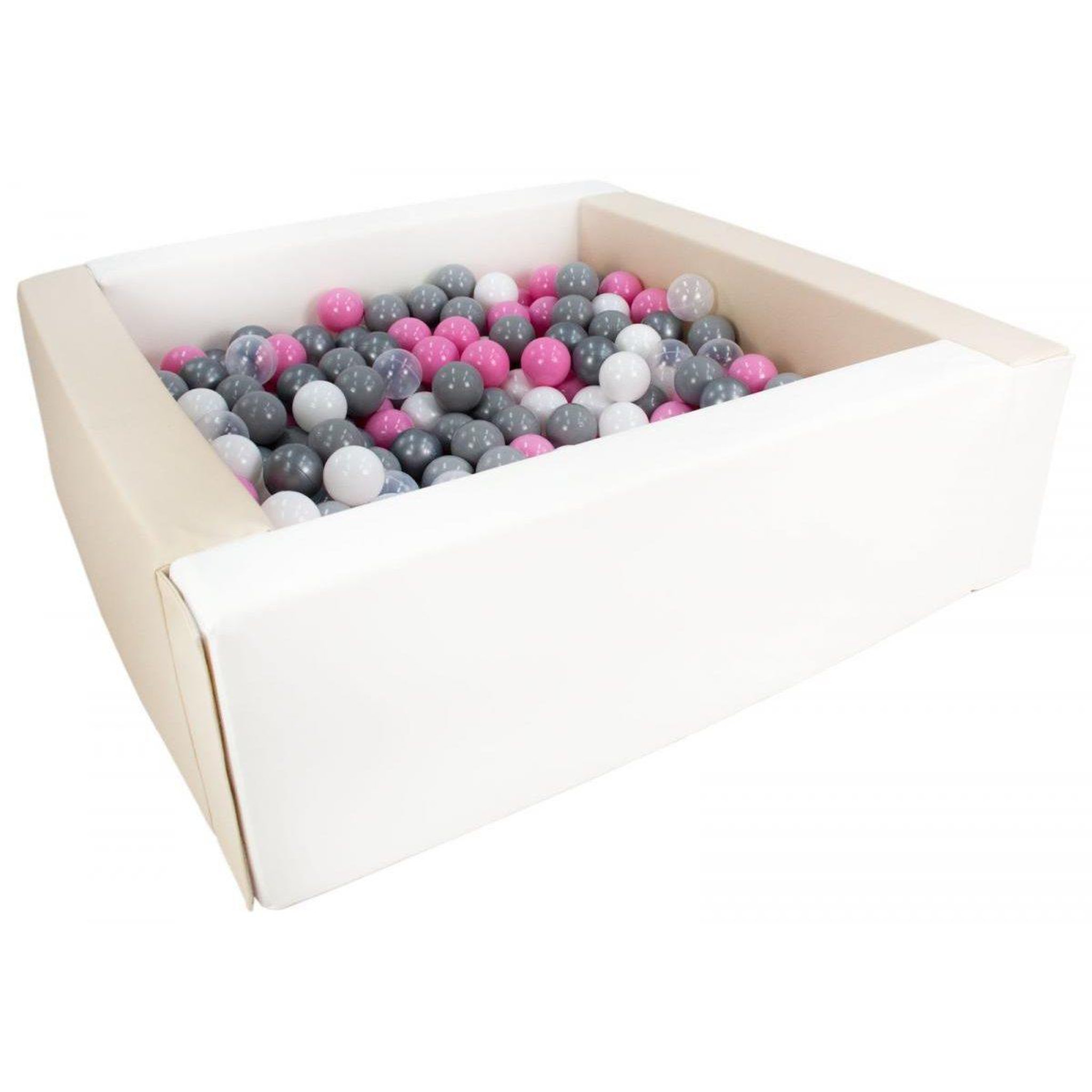VELINDA Piscine à balles carrée avec 300 balles - blanc, cappuccino/blanc, transparent, rose, gris, argent