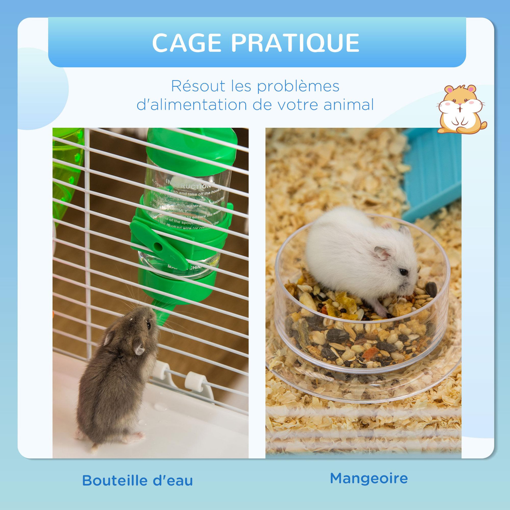 Voir la diapositive 5 : PAWHUT Cage à hamsters 3 niveaux - tunnel, abreuvoir, roue, maisonnette, échelles - dim. 59L x 36l x 47H cm - métal PP bleu blanc