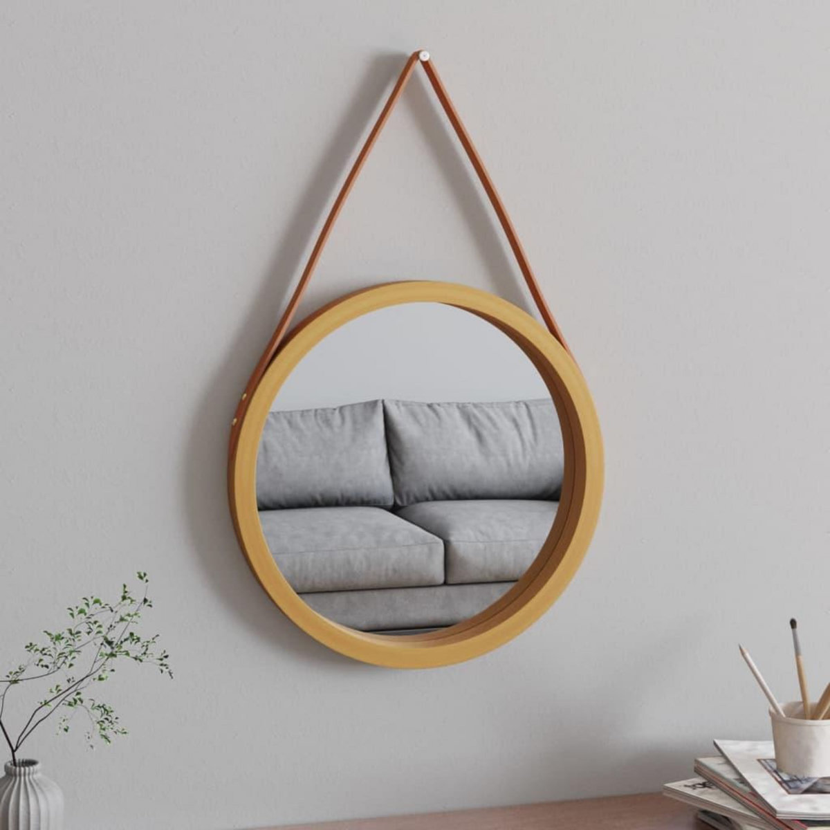 VIDAXL Miroir mural avec sangle Dore Ø 45 cm