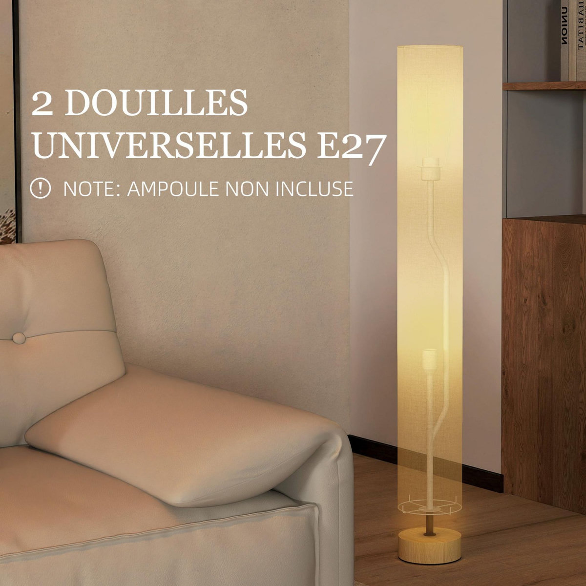 HOMCOM Lampadaire colonne sur pied bois contemporain H.120 cm abat-jour lin gris