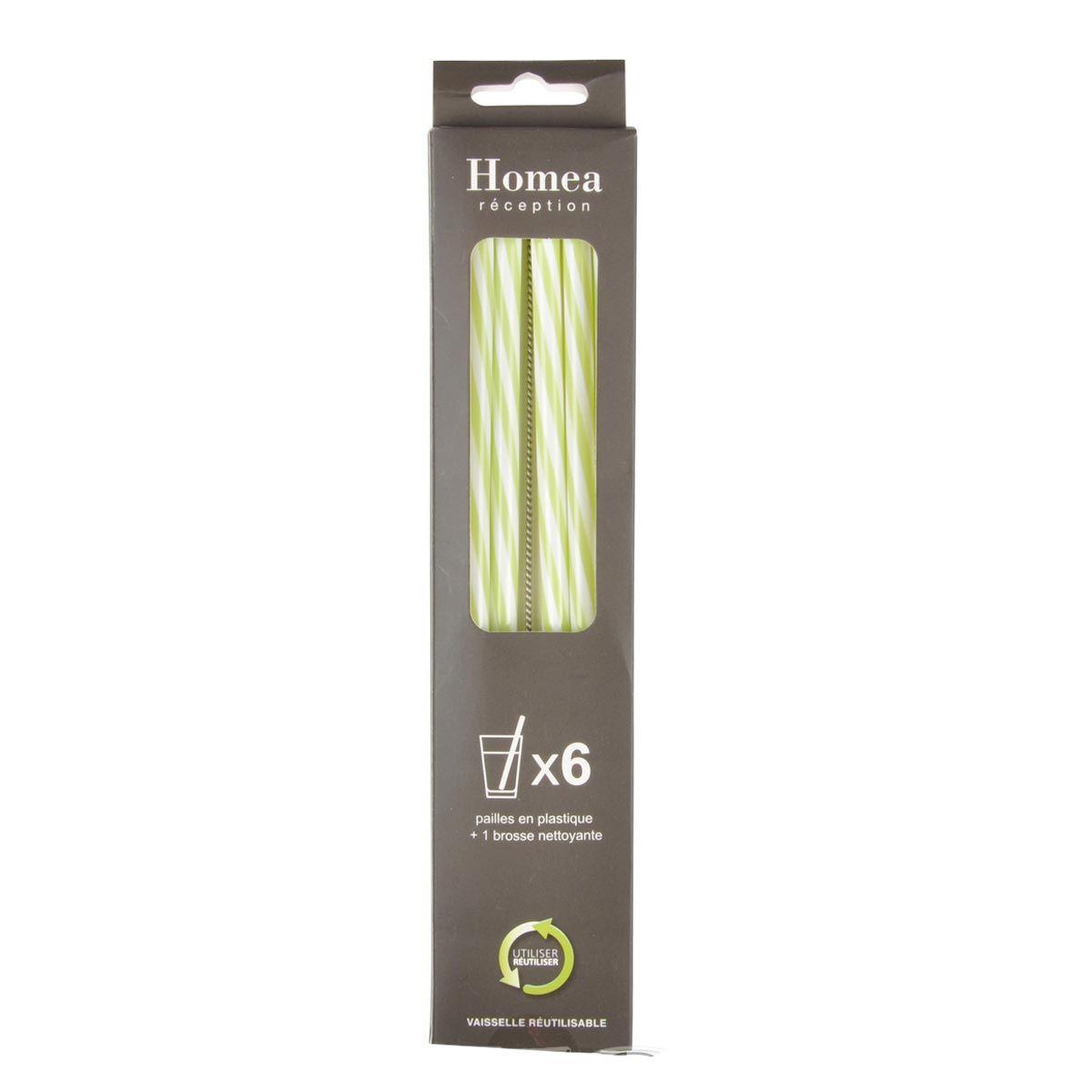 Voir la diapositive 2 : HOMEA Lot de 6 pailles & brosse  réutilisables  23cm vert