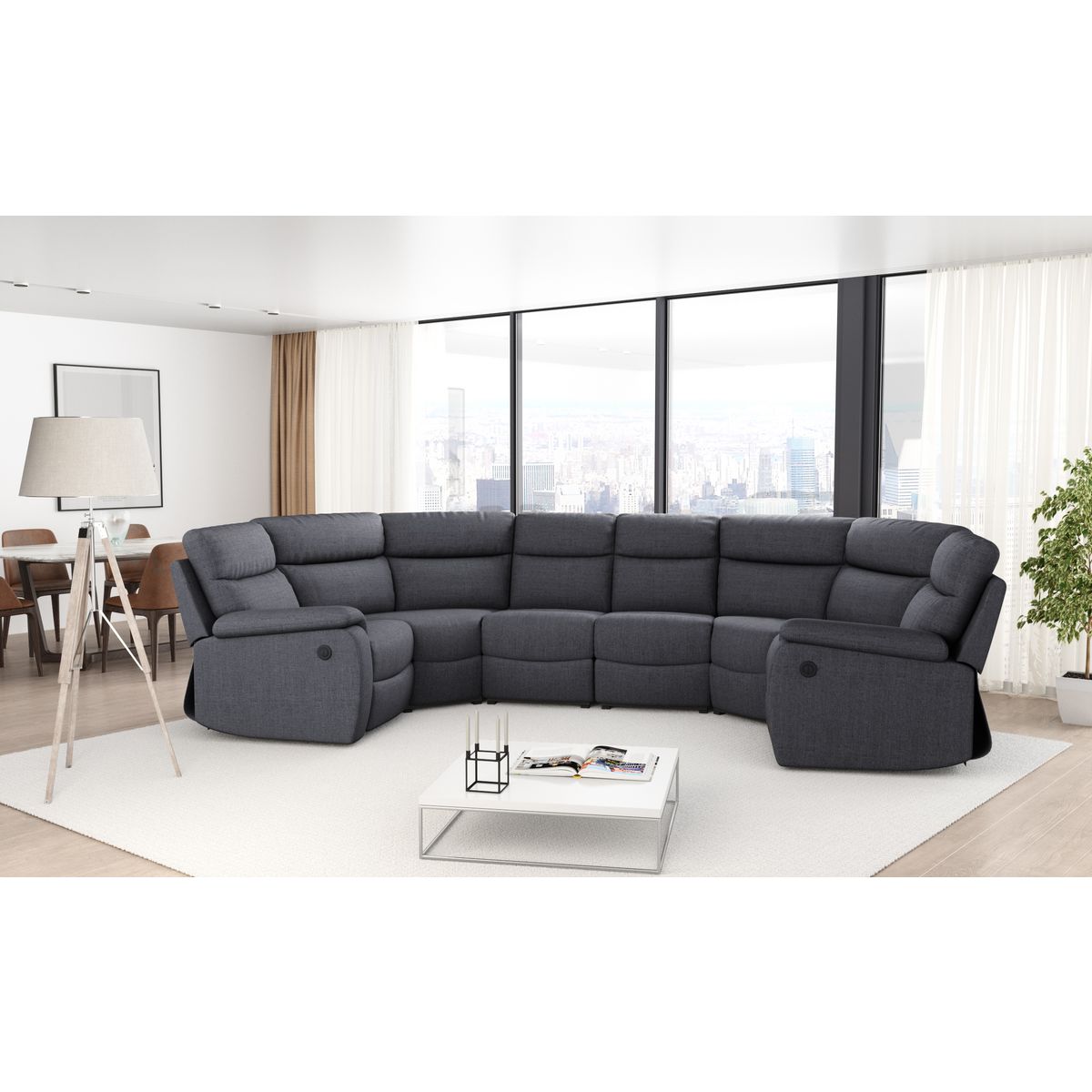 Canapé panoramique relax électrique 6 places HELENE tissu gris foncé