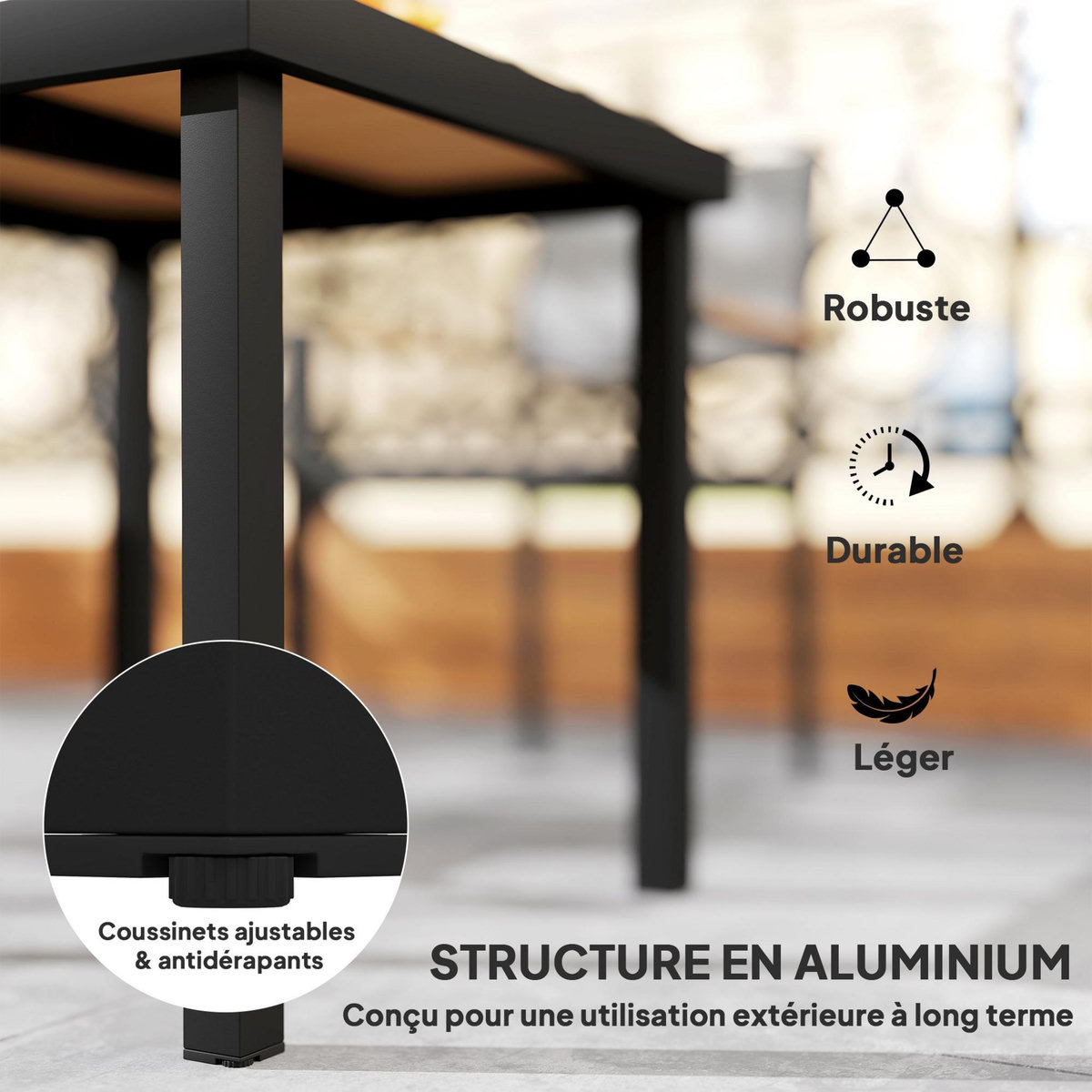 OUTSUNNY Table de jardin 2 personnes dim. 78 x 78 x 74 cm aluminium noir plastique effet bois
