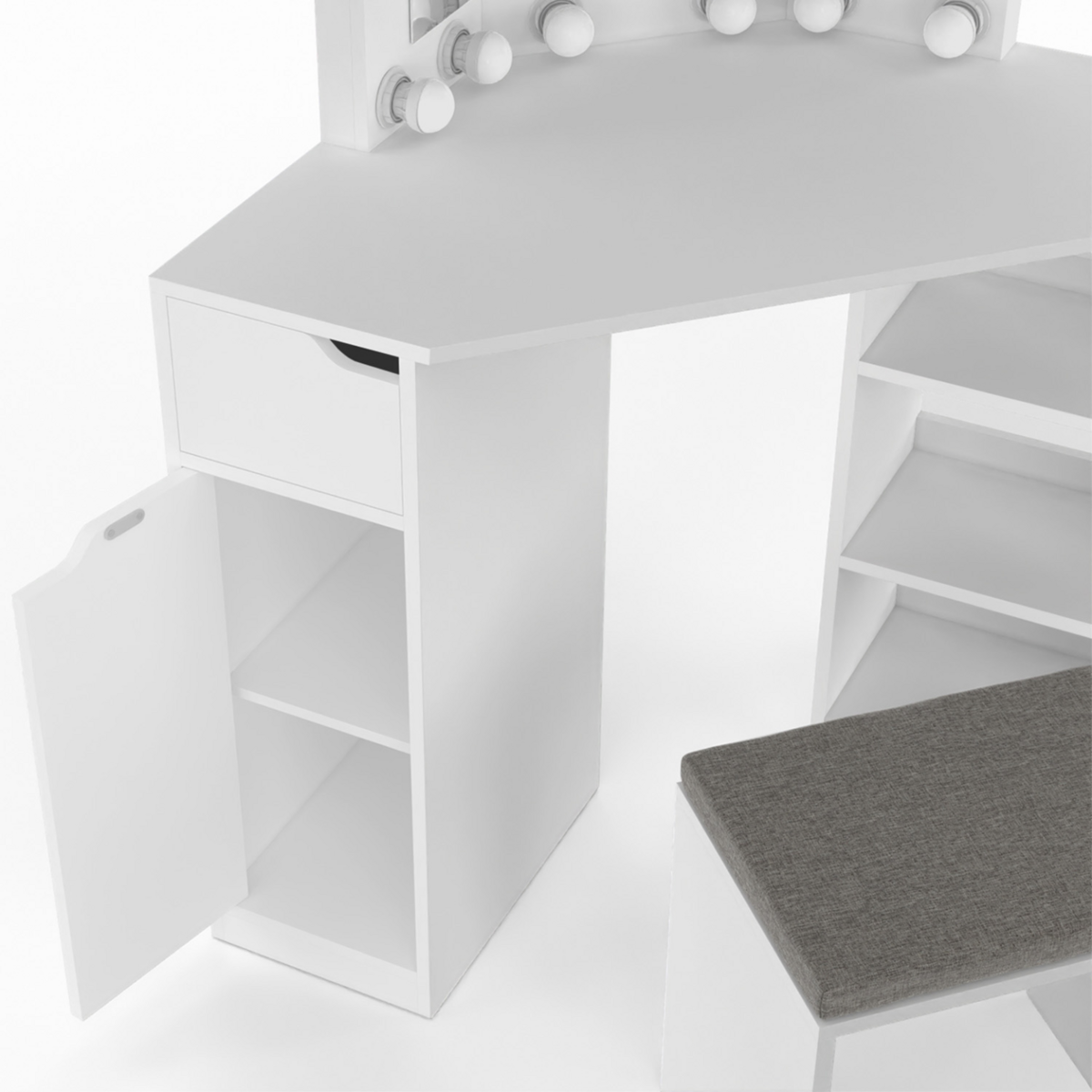 ID MARKET Coiffeuse d'angle ZELIA blanche 3 miroirs LED, 3 étagères, 1 tiroir, 1 caisson de rangement et tabouret