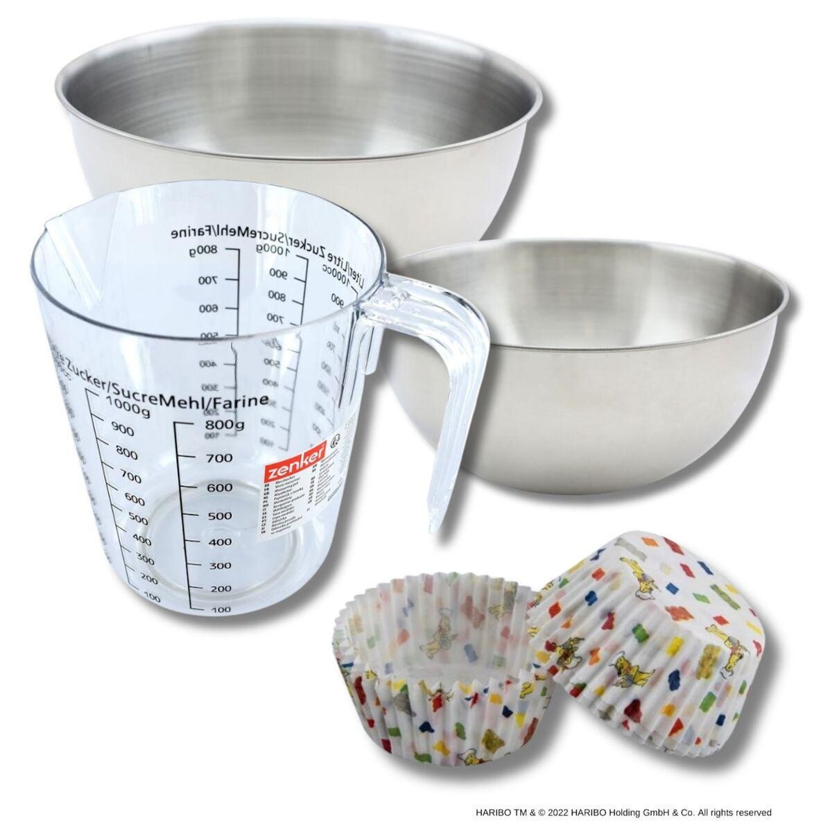 ZENKER Set pâtisserie avec 50 moules à muffins motif ourson en papier, 2 bols à mixer, verre mesureur et spatule Zenker