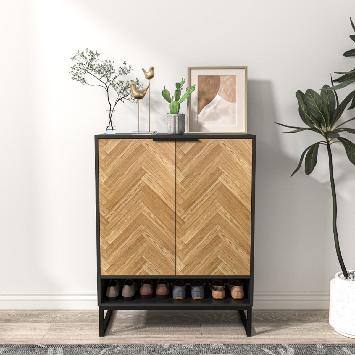 CONCEPT USINE Meuble d'entrée bois et noir chevron avec rangements FLOOR