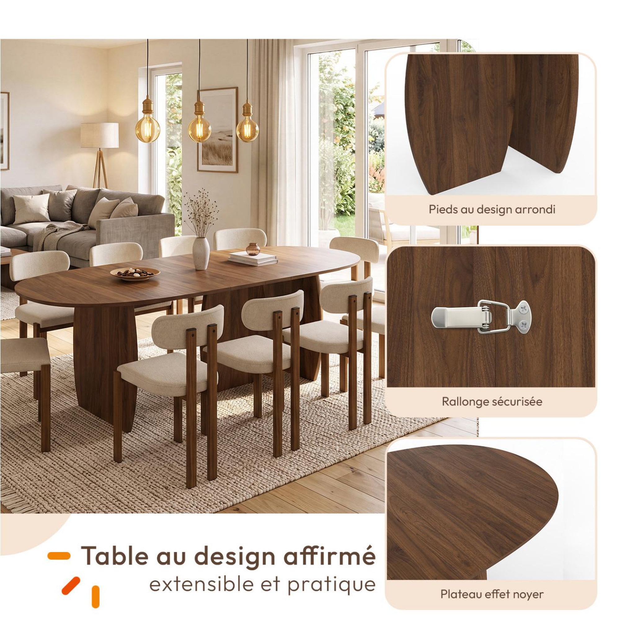Voir la diapositive 6 : ID MARKET Table à manger extensible japandi ovale marilou 6-10 personnes 3 pieds noyer 160-200 cm