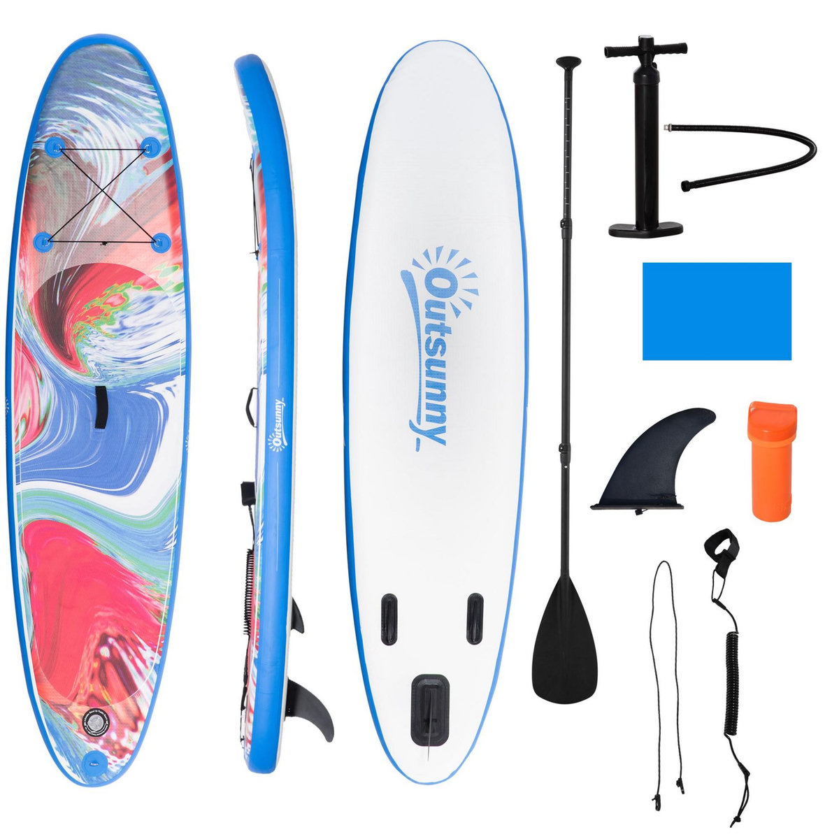 OUTSUNNY Stand up paddle gonflable surf planche de paddle pour adulte dim. 320L x 76l x 15H cm nombreux accessoires fournis PVC bleu rouge