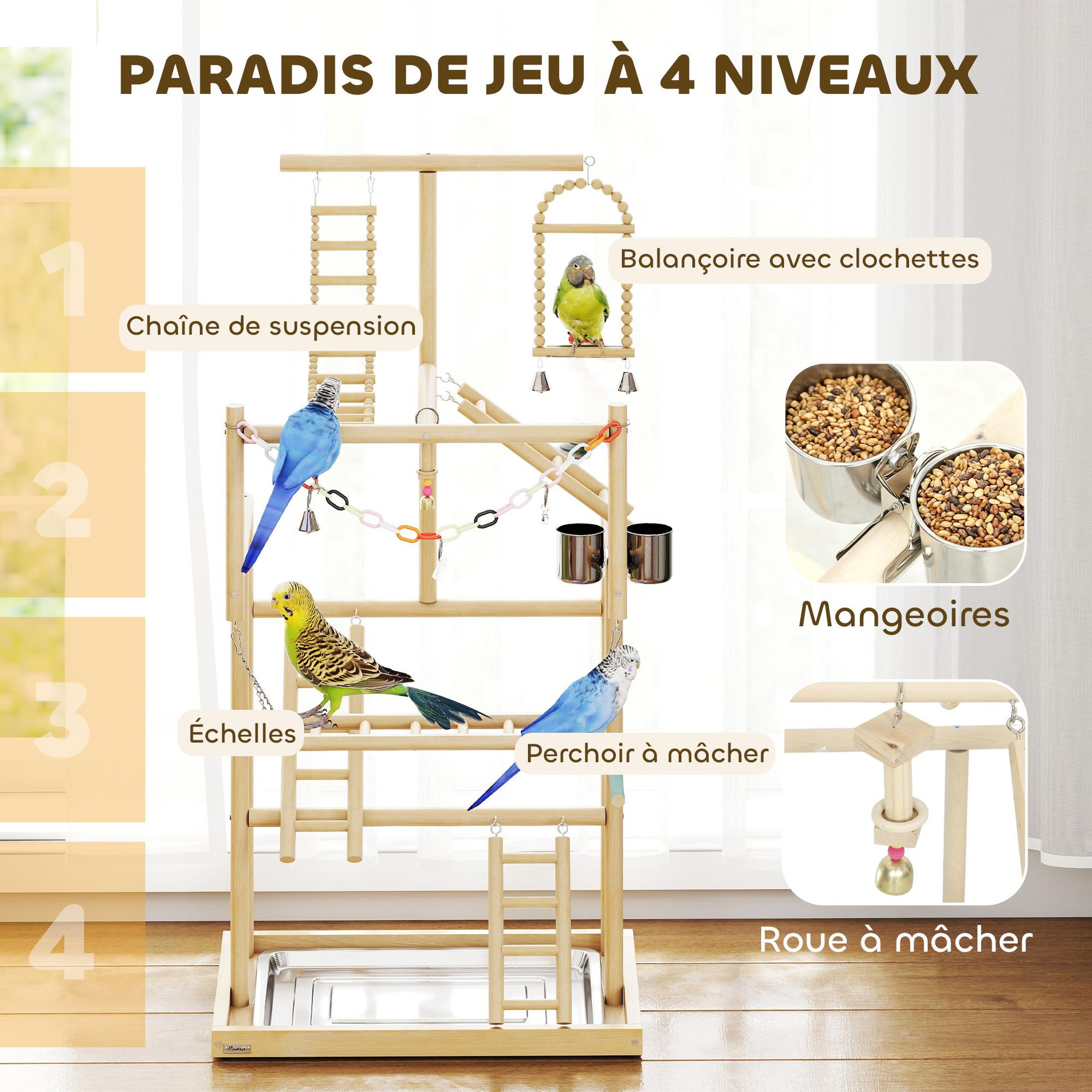 Voir la diapositive 4 : PAWHUT Aire de jeu pour oiseaux perchoirs mangeoires échelles chaîne balançoire cloches plateau